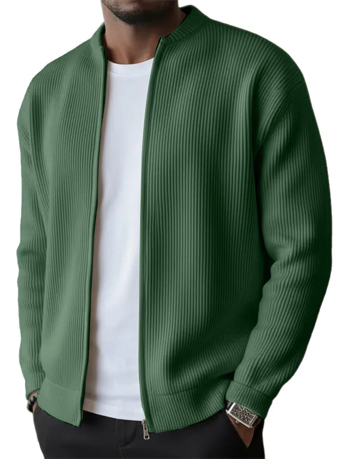 Men's Simple Casual Ribbed Stand Collar Zipper Long Sleeved Jacket