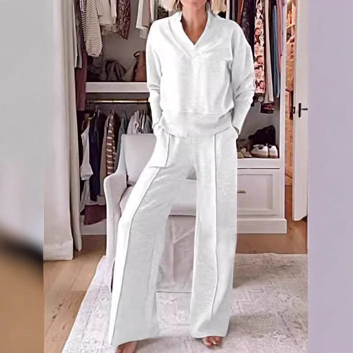 New Product Spring And Autumn Independent Station New Casual Collar Long-Sleeved Loose Top Wide-Leg Pants Two-Piece Set