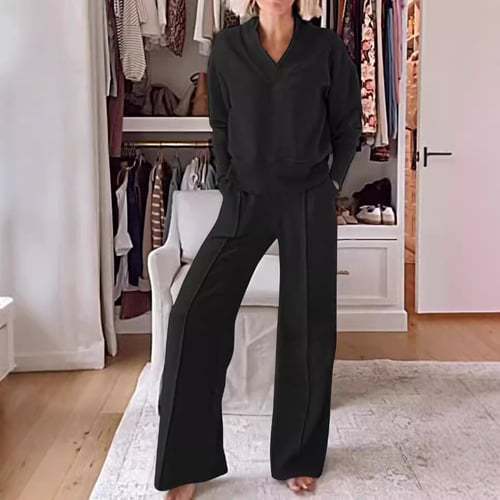 New Product Spring And Autumn Independent Station New Casual Collar Long-Sleeved Loose Top Wide-Leg Pants Two-Piece Set