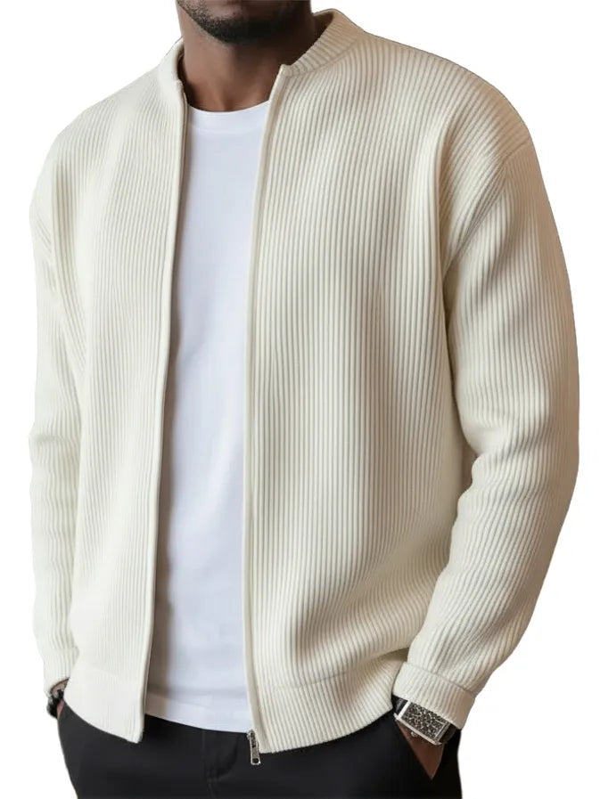 Men's Simple Casual Ribbed Stand Collar Zipper Long Sleeved Jacket