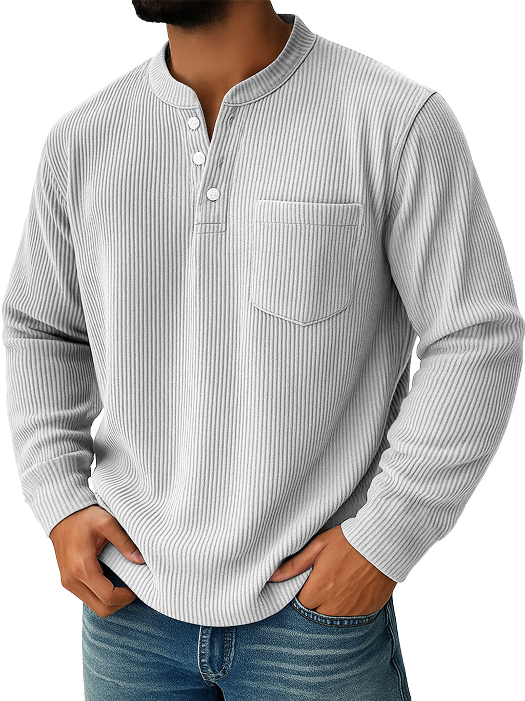 Men's Simple Everyday Ribbed Stand Collar Pocket Henley Shirt