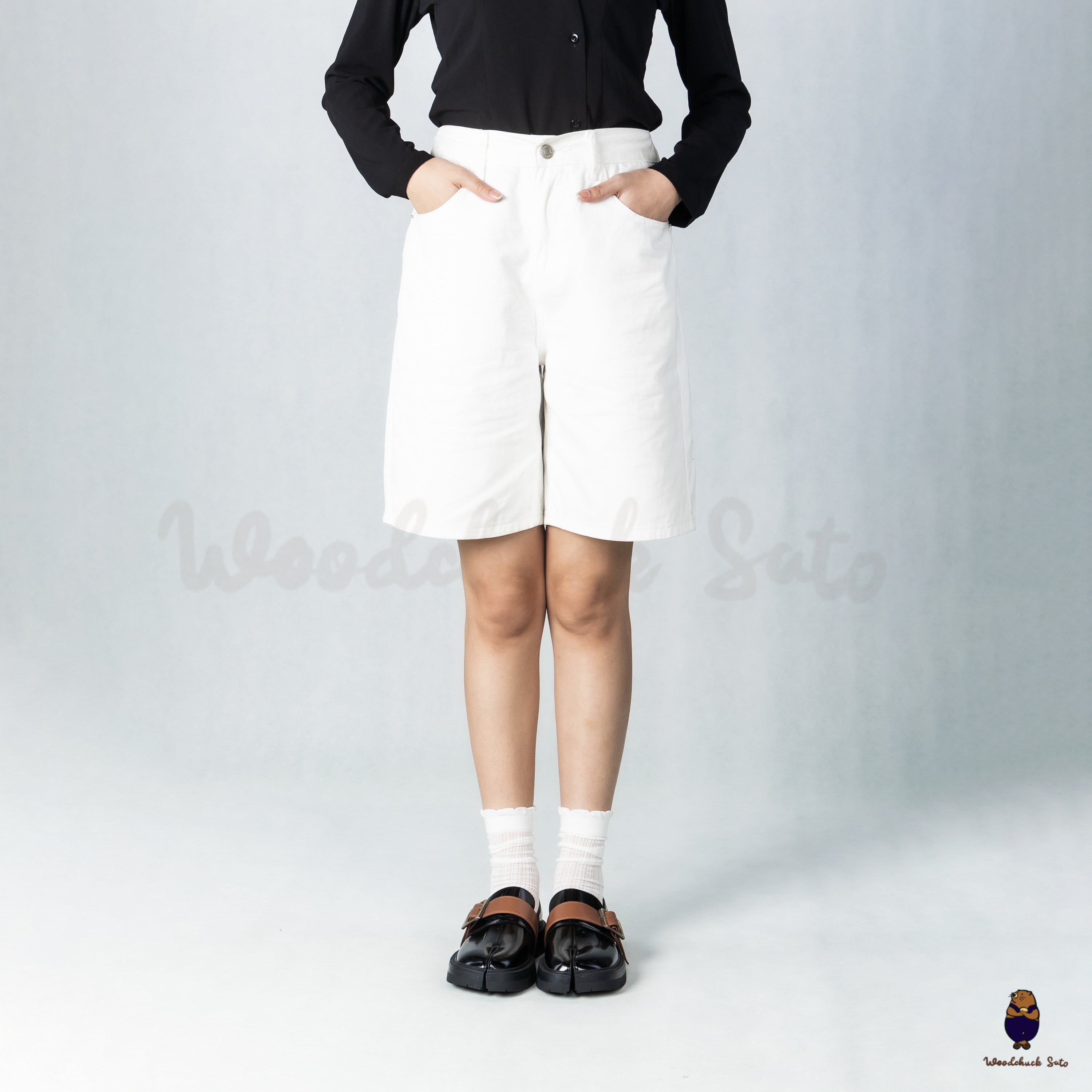 WoodchuckSato Black Edge-Beaded Cowhide Leather Tabi Loafers with Removable Camel Brown Strap & Chunky Sole