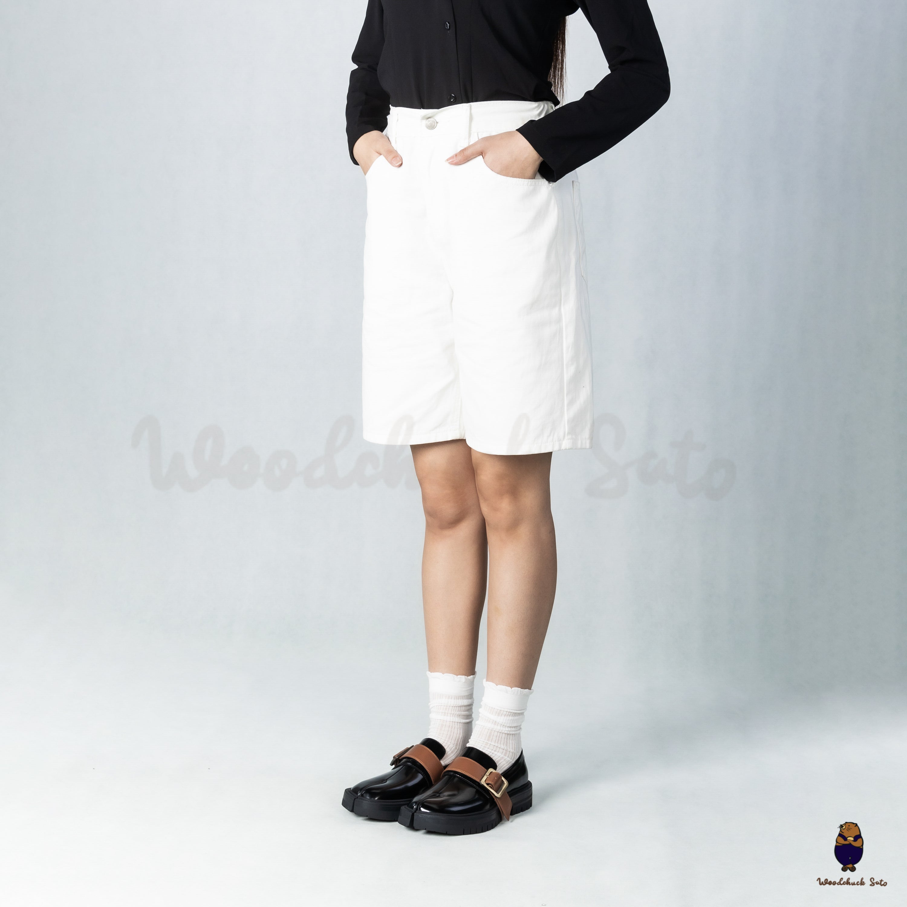 WoodchuckSato Black Edge-Beaded Cowhide Leather Tabi Loafers with Removable Camel Brown Strap & Chunky Sole