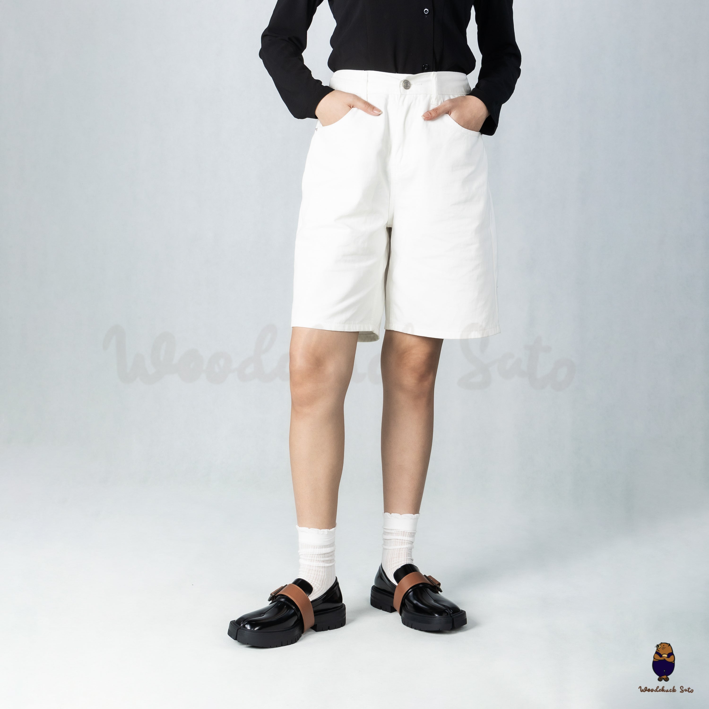 WoodchuckSato Black Edge-Beaded Cowhide Leather Tabi Loafers with Removable Camel Brown Strap & Chunky Sole