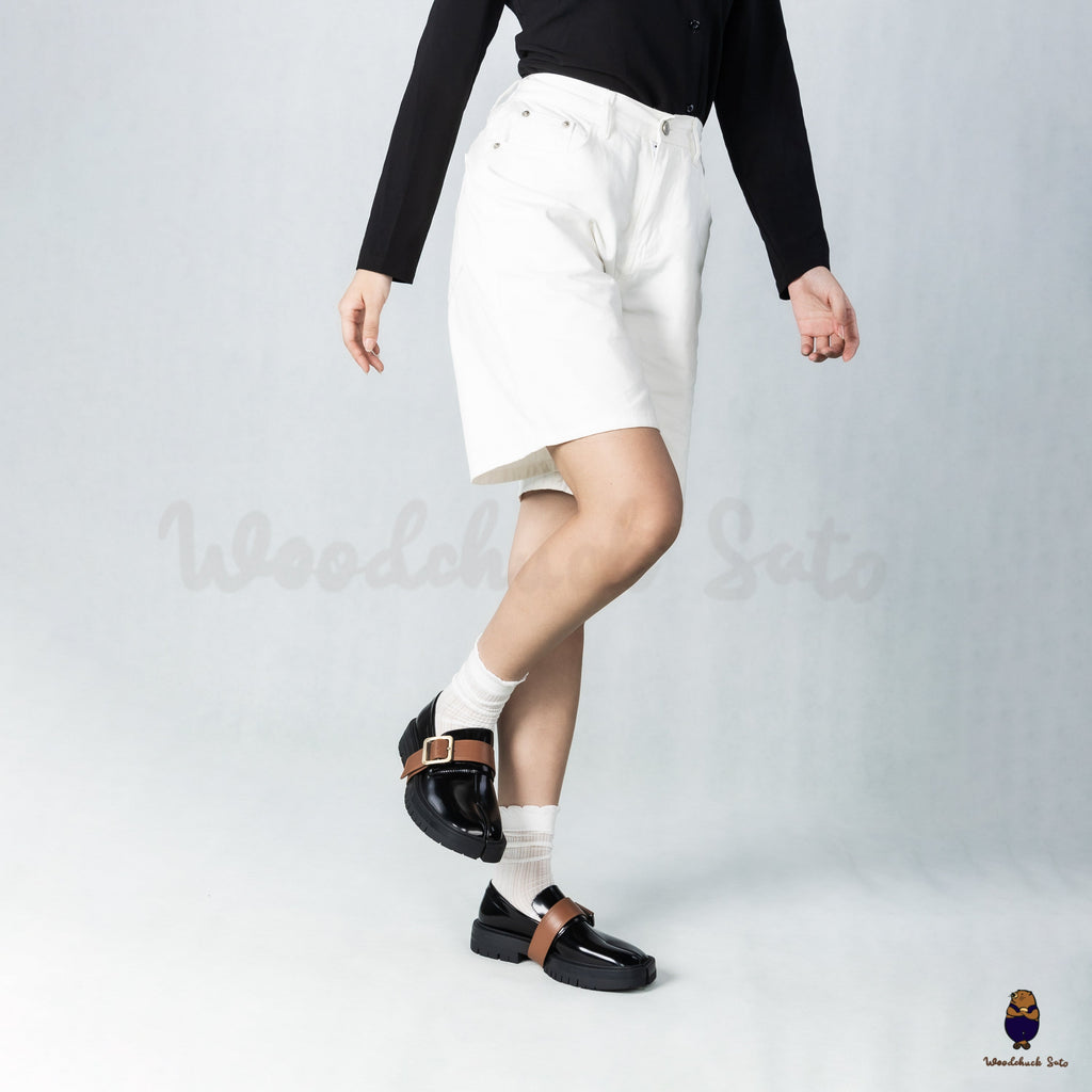 WoodchuckSato Black Edge-Beaded Cowhide Leather Tabi Loafers with Removable Camel Brown Strap & Chunky Sole