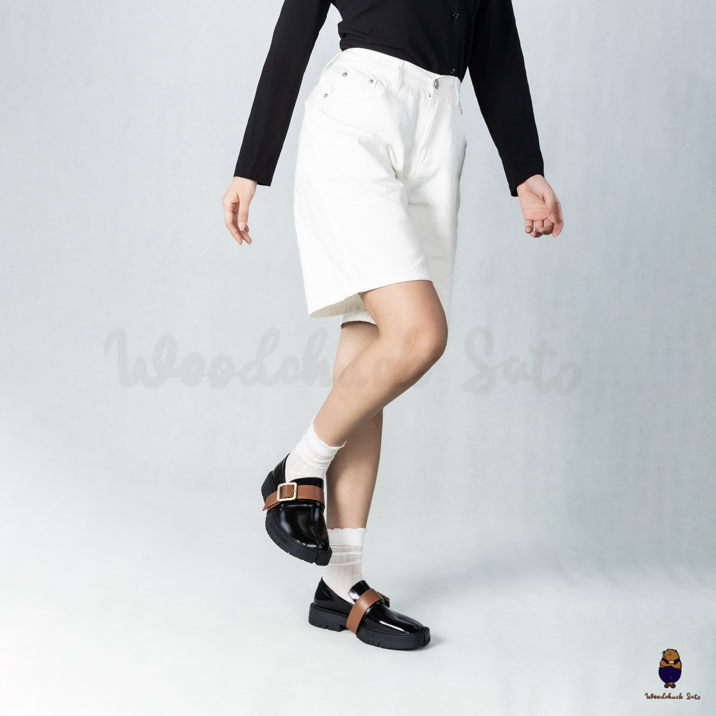 WoodchuckSato Black Edge-Beaded Cowhide Leather Tabi Loafers with Removable Camel Brown Strap & Chunky Sole