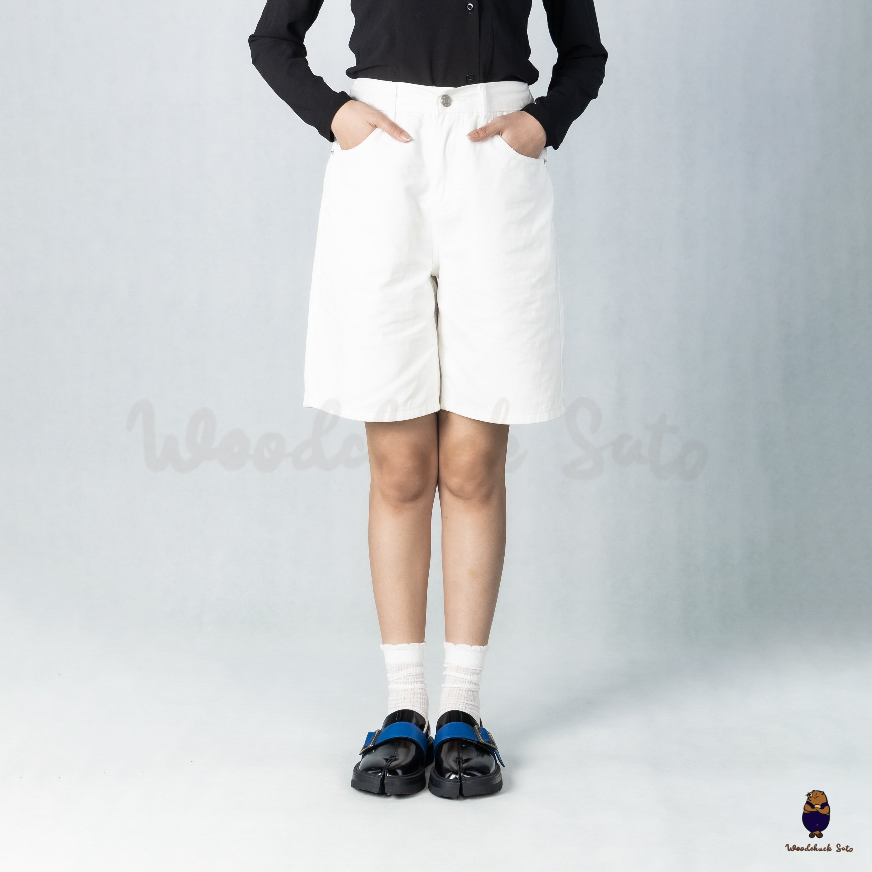 WoodchuckSato Black Edge-Beaded Cowhide Leather Tabi Loafers with Removable Blue Strap & Chunky Sole