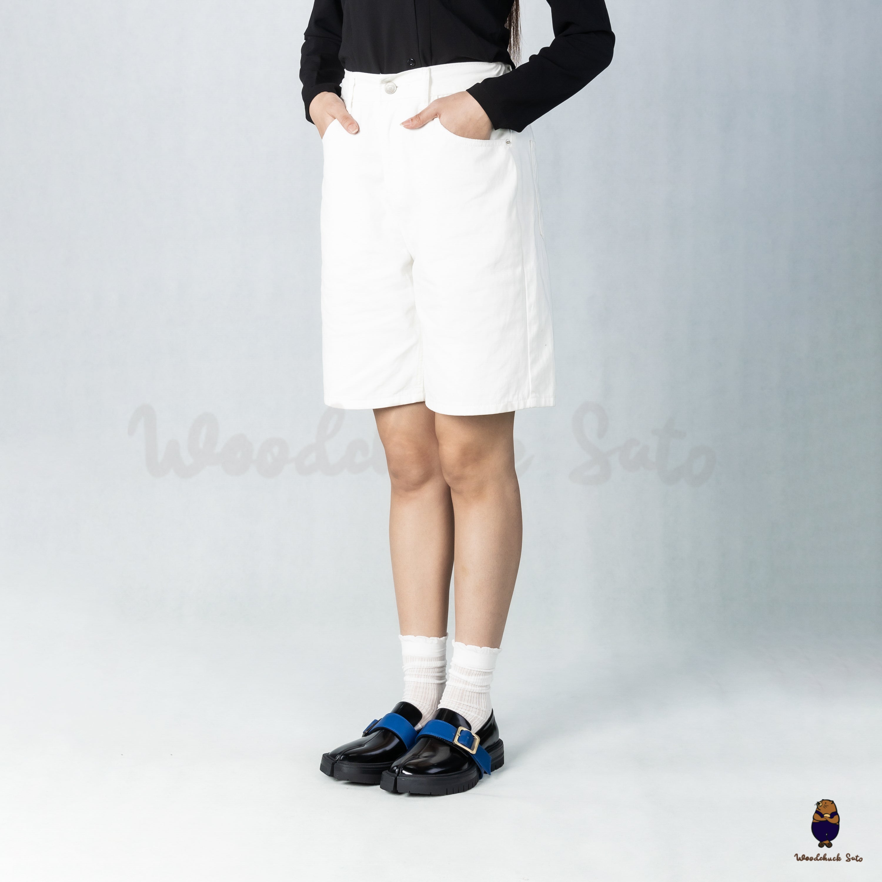 WoodchuckSato Black Edge-Beaded Cowhide Leather Tabi Loafers with Removable Blue Strap & Chunky Sole