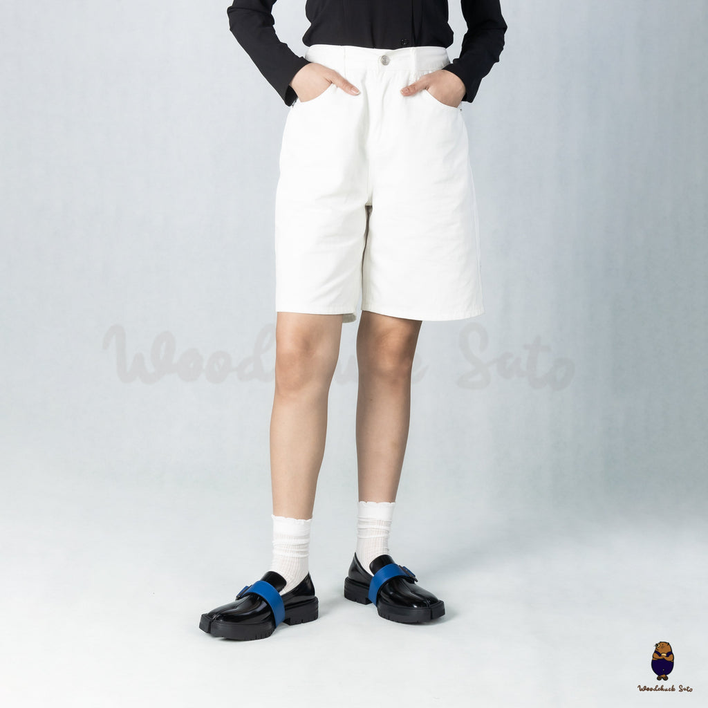 WoodchuckSato Black Edge-Beaded Cowhide Leather Tabi Loafers with Removable Blue Strap & Chunky Sole