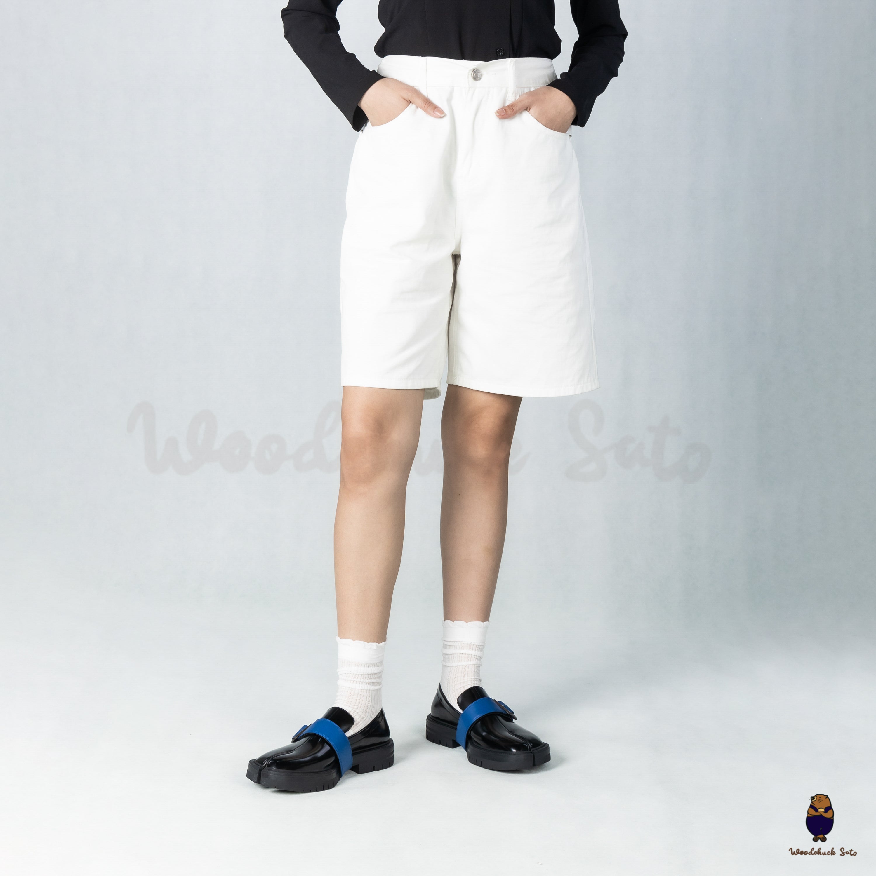 WoodchuckSato Black Edge-Beaded Cowhide Leather Tabi Loafers with Removable Blue Strap & Chunky Sole