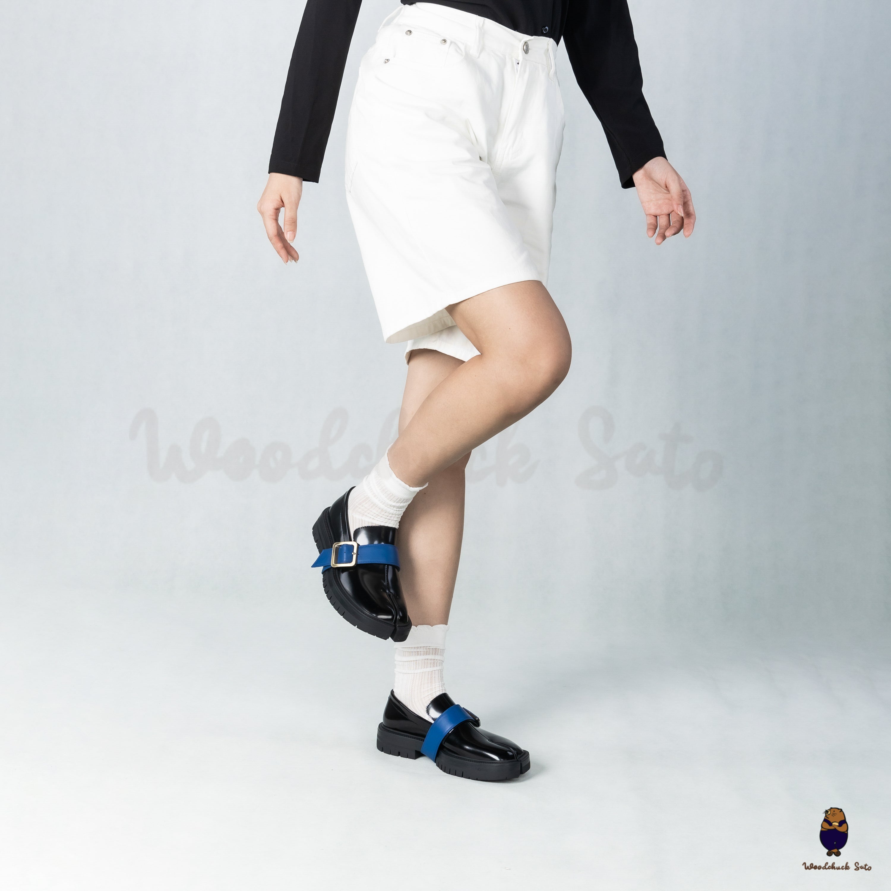 WoodchuckSato Black Edge-Beaded Cowhide Leather Tabi Loafers with Removable Blue Strap & Chunky Sole