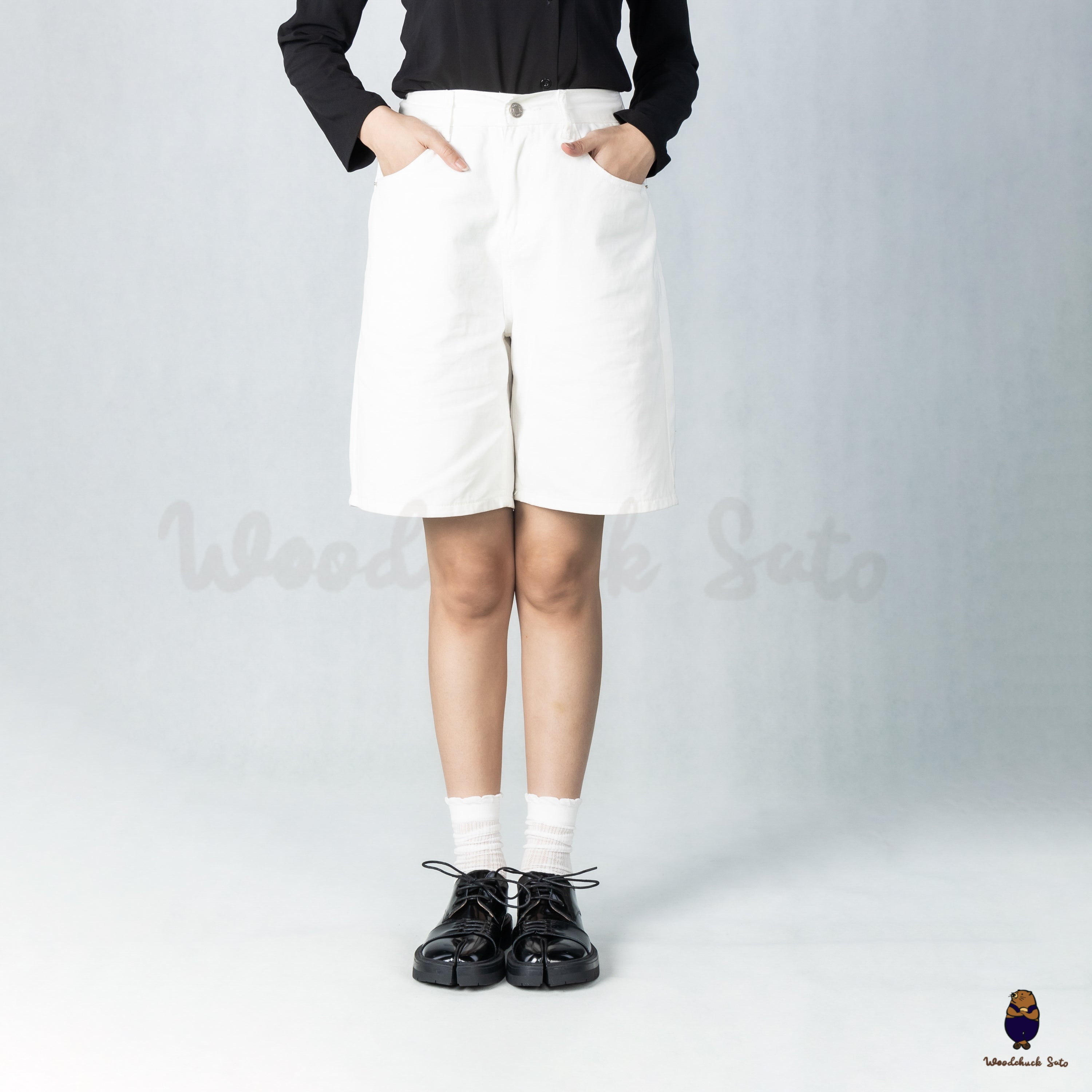 WoodchuckSato Black Edge-Beaded Cowhide Leather Tabi Derby Shoes with Double-Lace Design & Chunky Sole