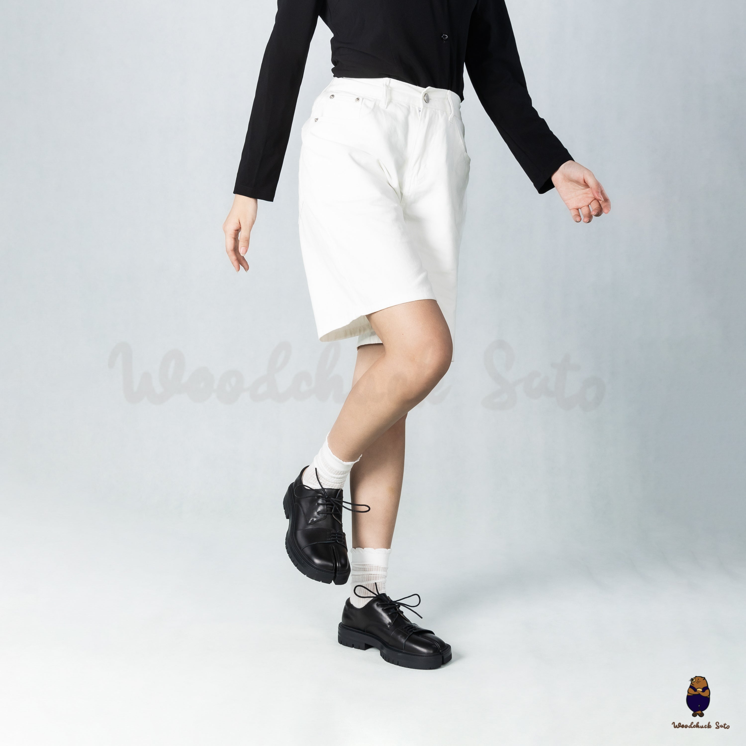 WoodchuckSato Black Cow Leather Tabi Derby Shoes with Double-Lace Design & Chunky Sole