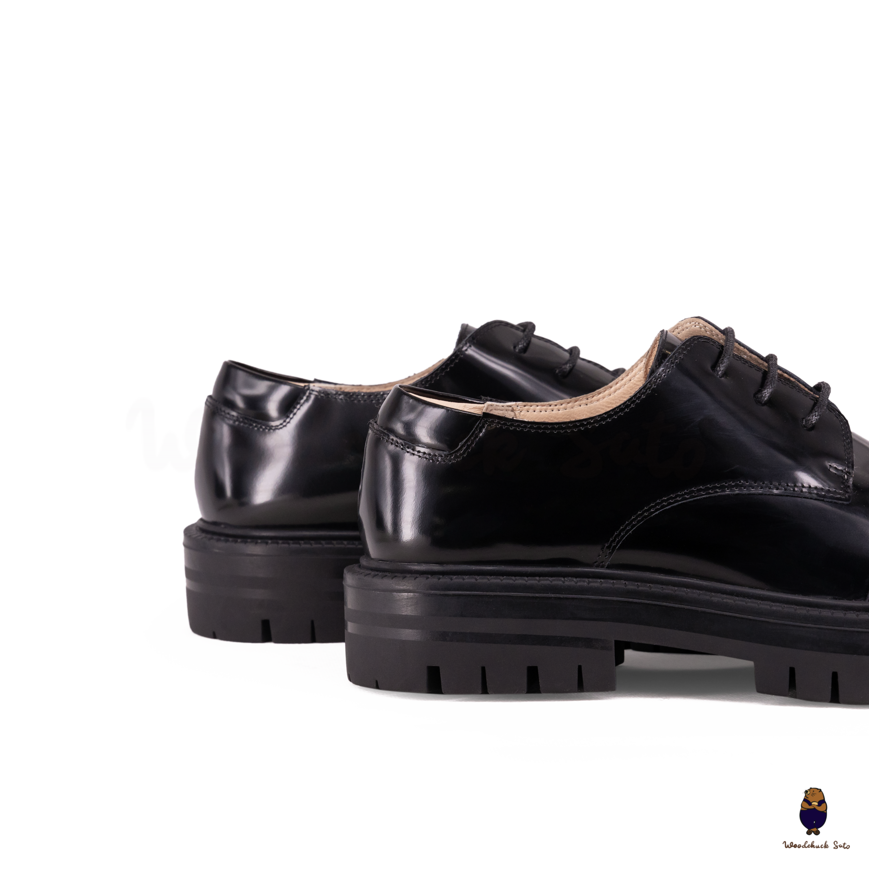 WoodchuckSato Black Edge-Beaded Cowhide Leather Tabi Derby Shoes with Double-Lace Design & Chunky Sole