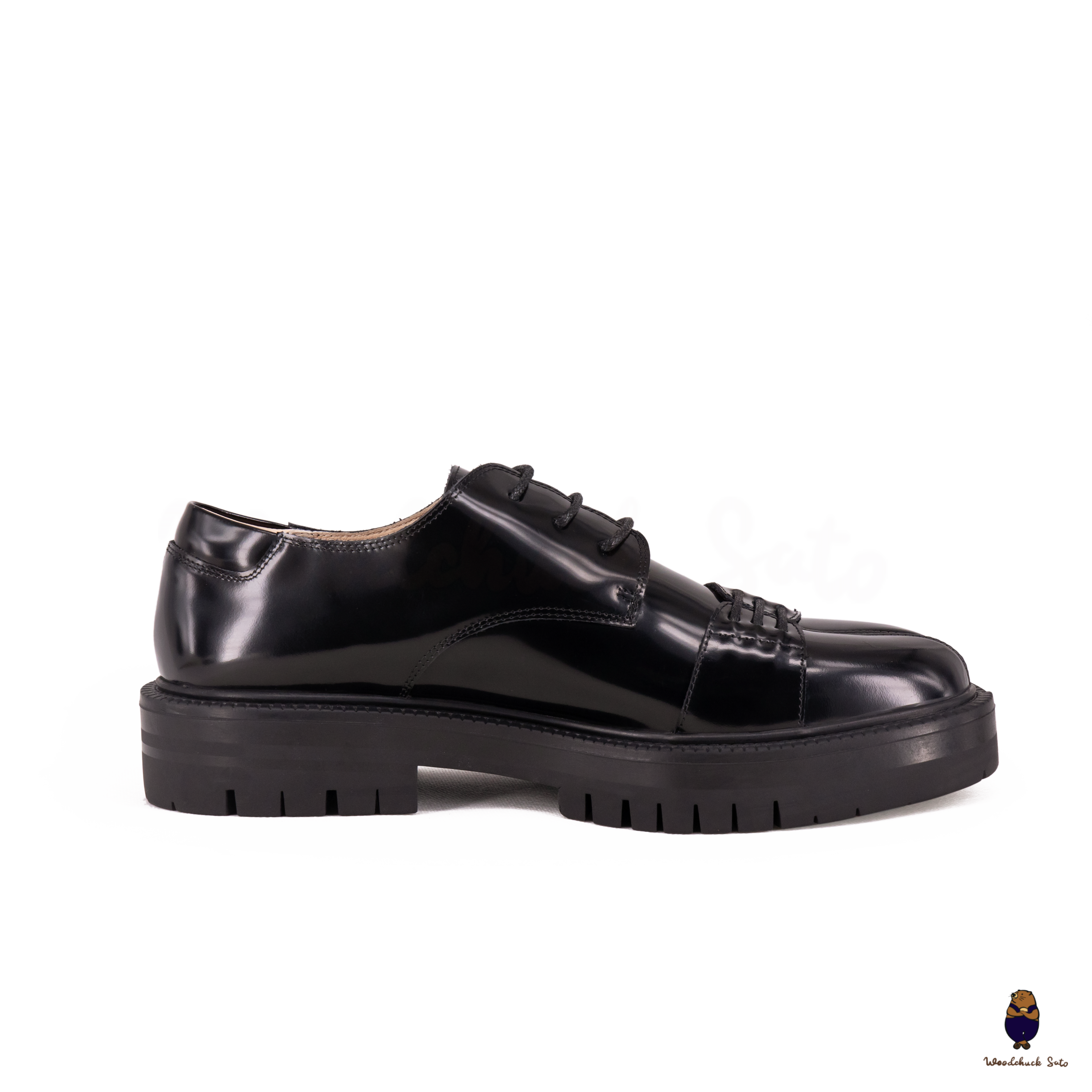 WoodchuckSato Black Edge-Beaded Cowhide Leather Tabi Derby Shoes with Double-Lace Design & Chunky Sole