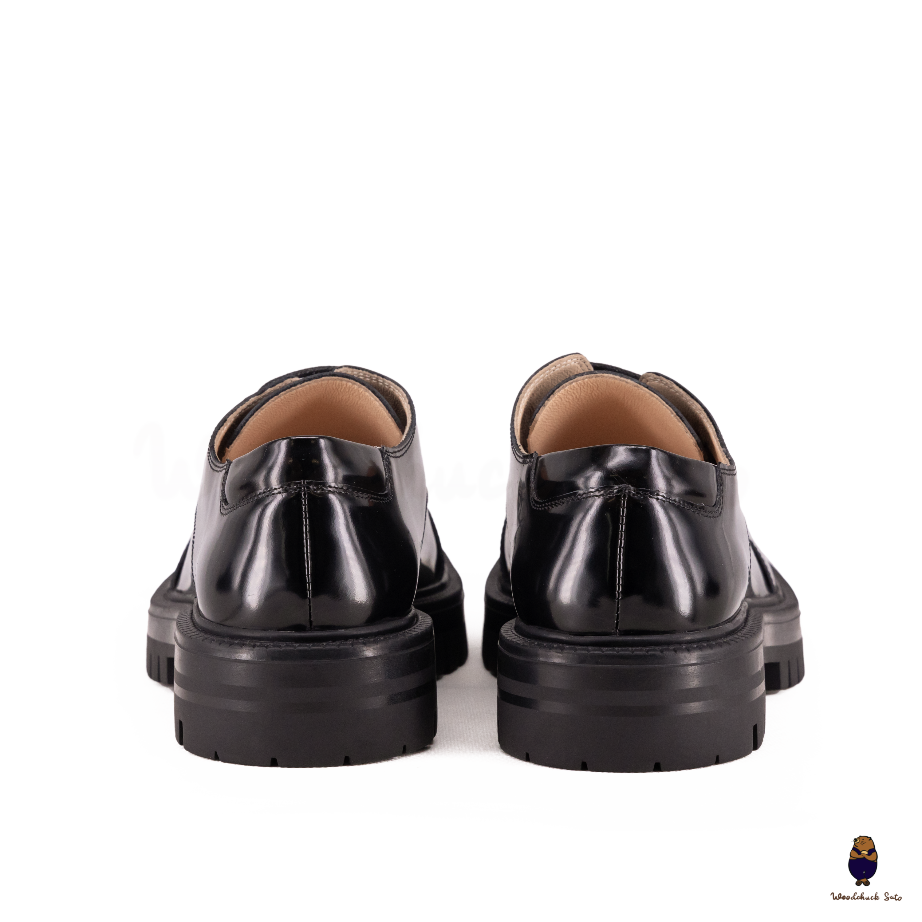 WoodchuckSato Black Edge-Beaded Cowhide Leather Tabi Derby Shoes with Double-Lace Design & Chunky Sole