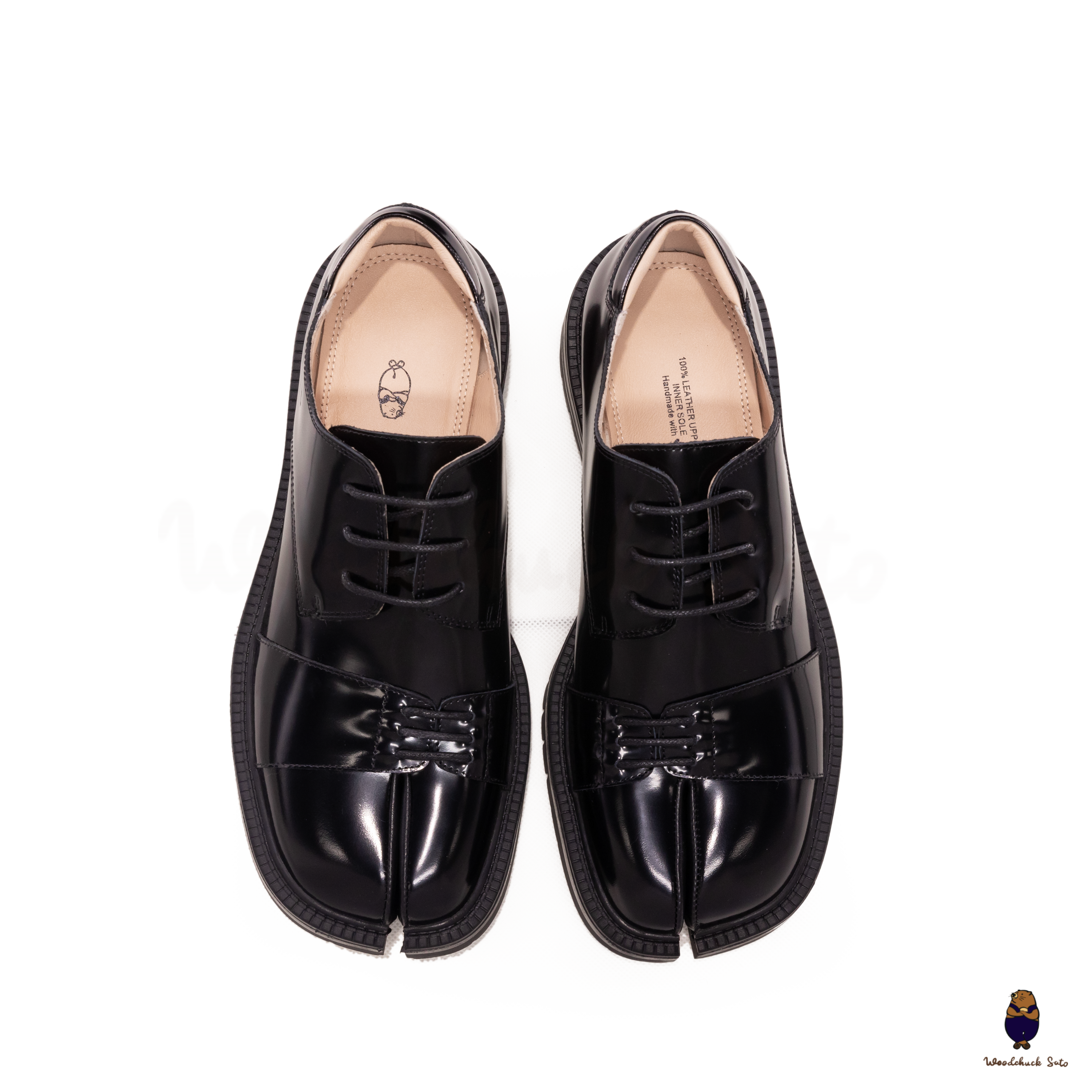 WoodchuckSato Black Edge-Beaded Cowhide Leather Tabi Derby Shoes with Double-Lace Design & Chunky Sole