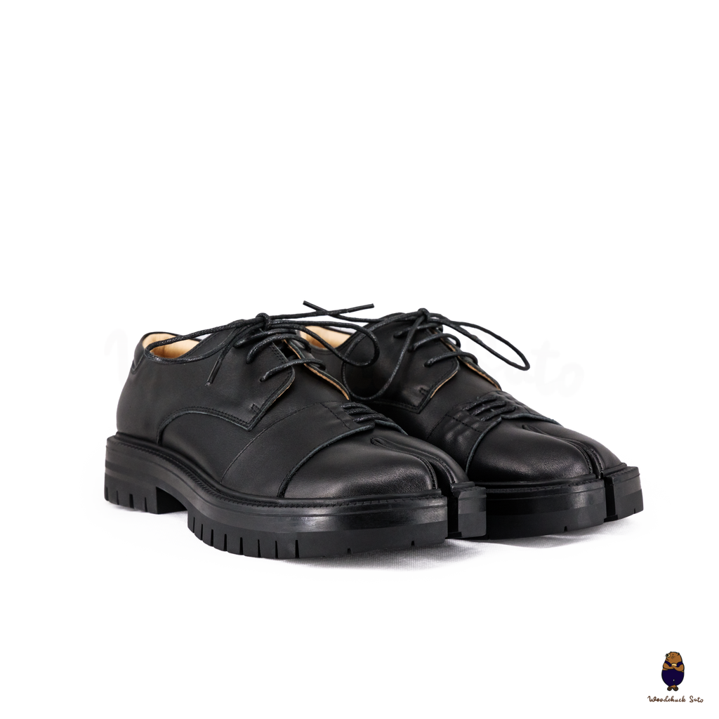 WoodchuckSato Black Cow Leather Tabi Derby Shoes with Double-Lace Design & Chunky Sole