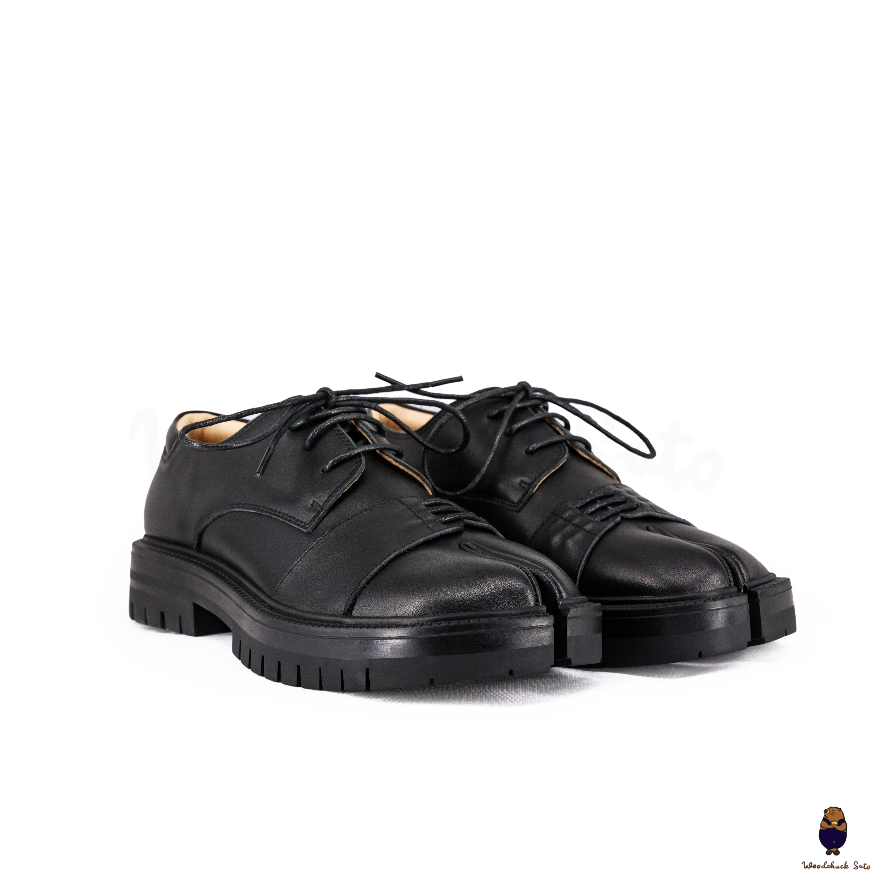 WoodchuckSato Black Cow Leather Tabi Derby Shoes with Double-Lace Design & Chunky Sole