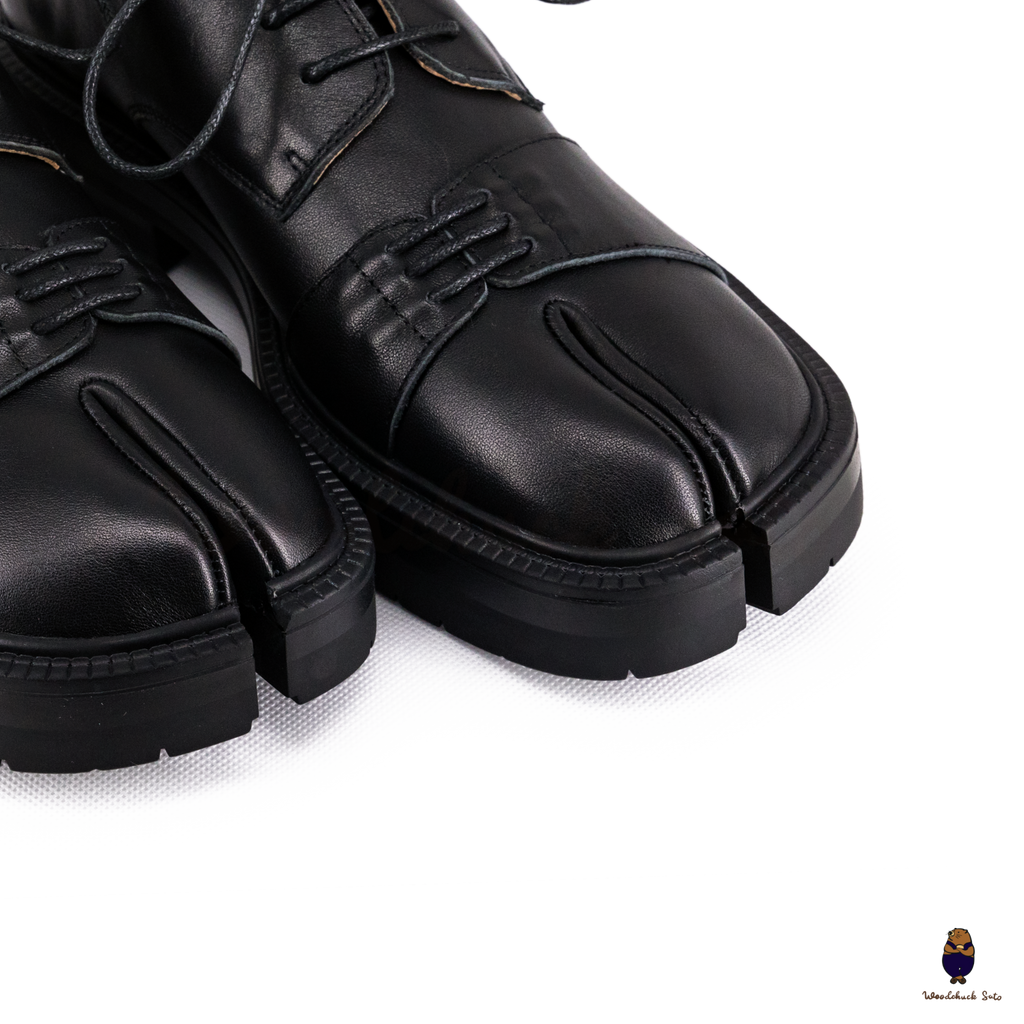 WoodchuckSato Black Cow Leather Tabi Derby Shoes with Double-Lace Design & Chunky Sole