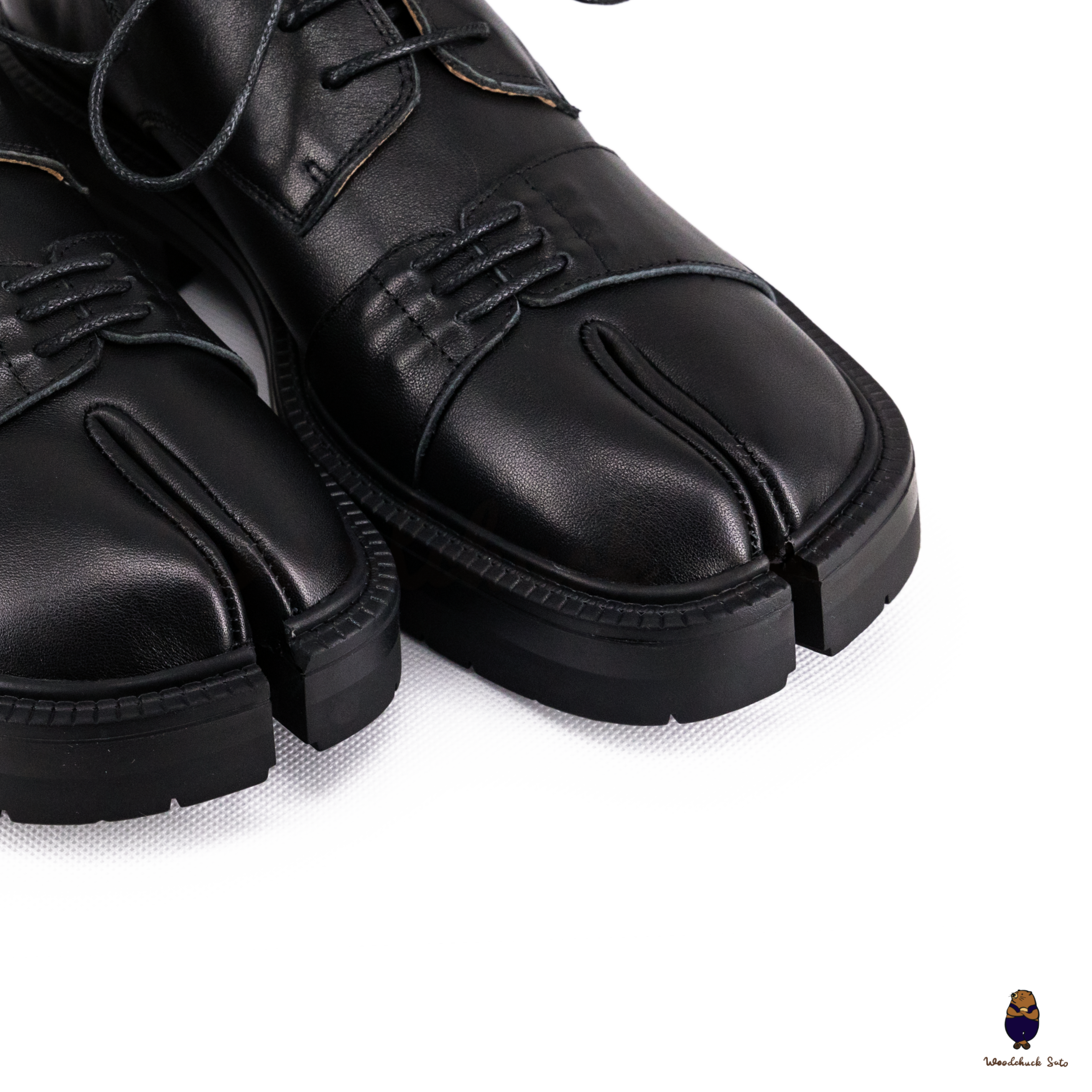 WoodchuckSato Black Cow Leather Tabi Derby Shoes with Double-Lace Design & Chunky Sole
