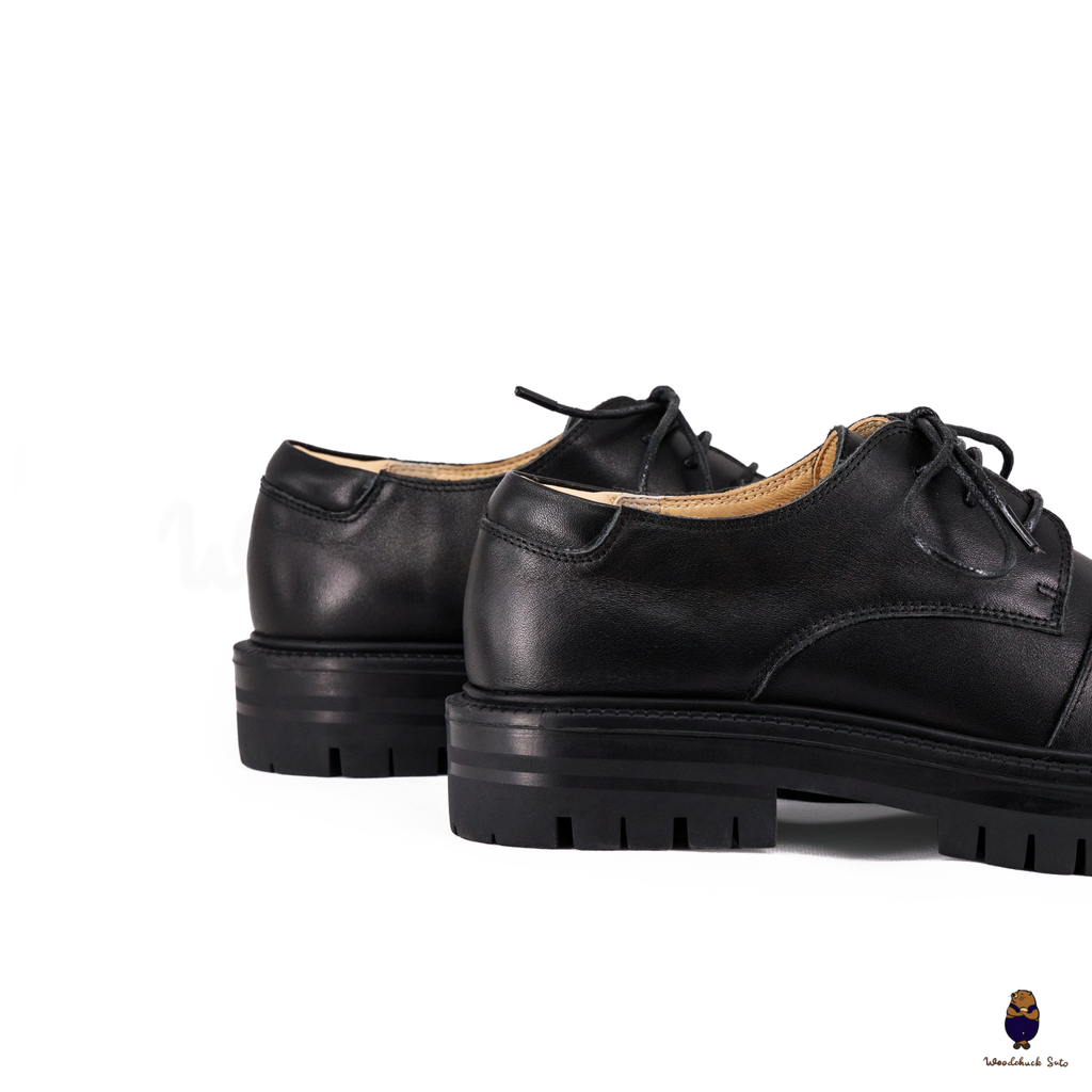 WoodchuckSato Black Cow Leather Tabi Derby Shoes with Double-Lace Design & Chunky Sole
