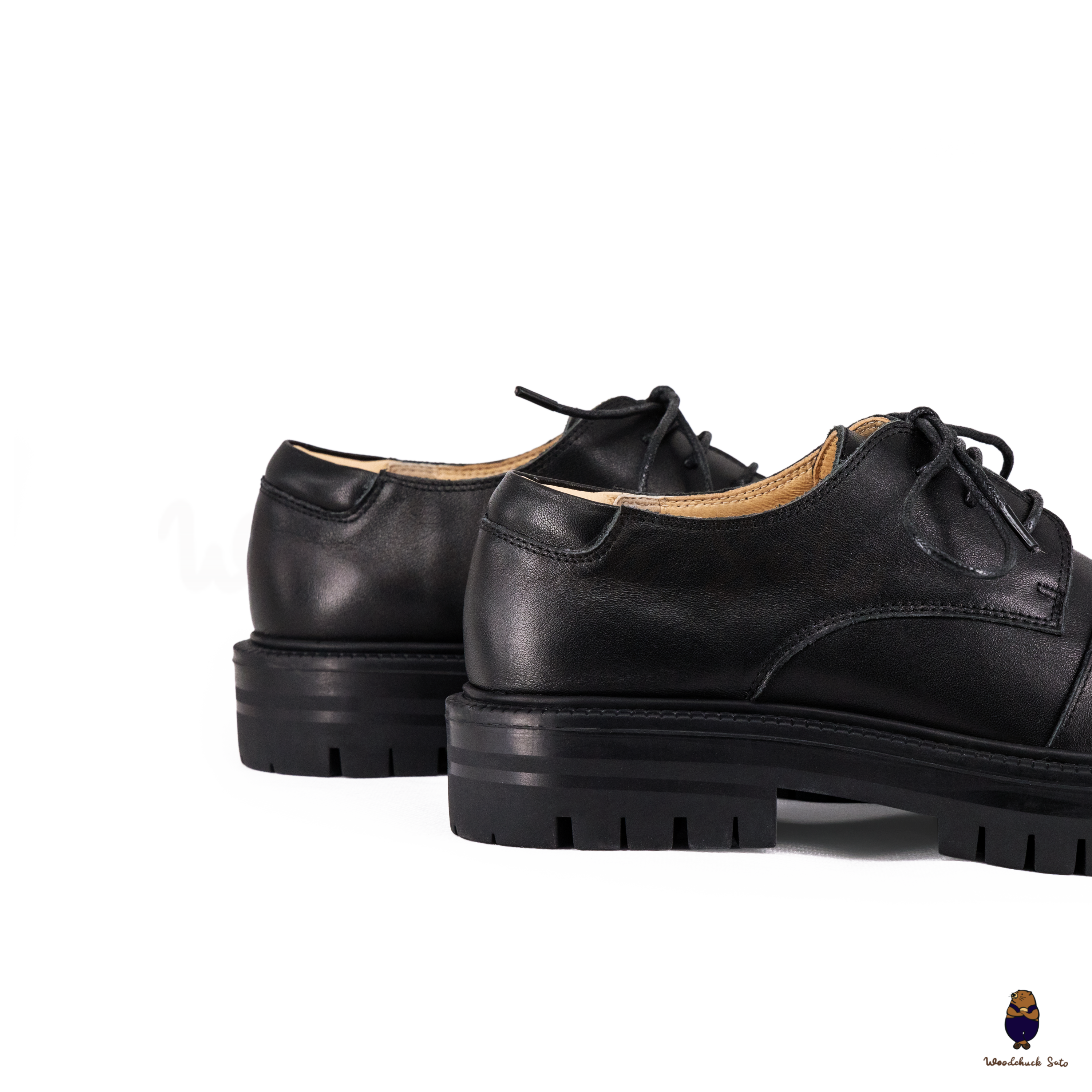 WoodchuckSato Black Cow Leather Tabi Derby Shoes with Double-Lace Design & Chunky Sole