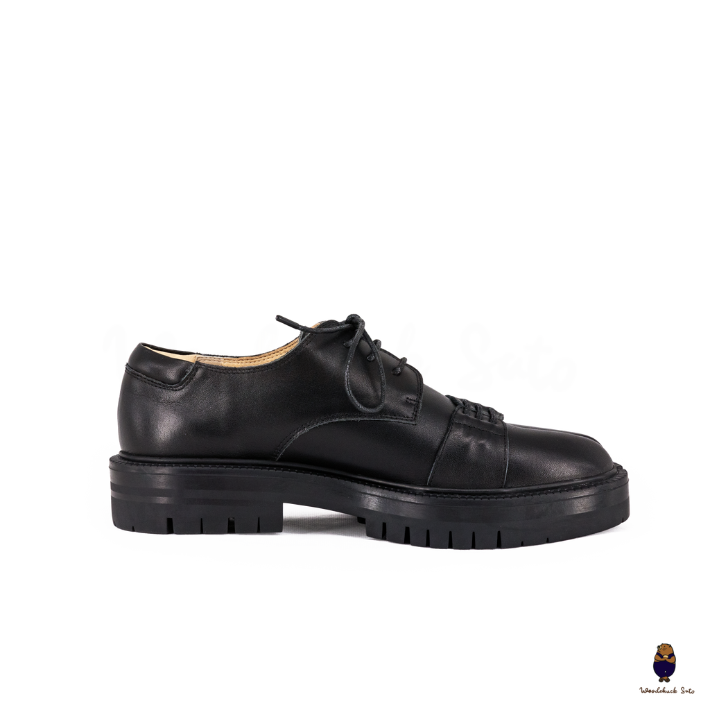 WoodchuckSato Black Cow Leather Tabi Derby Shoes with Double-Lace Design & Chunky Sole