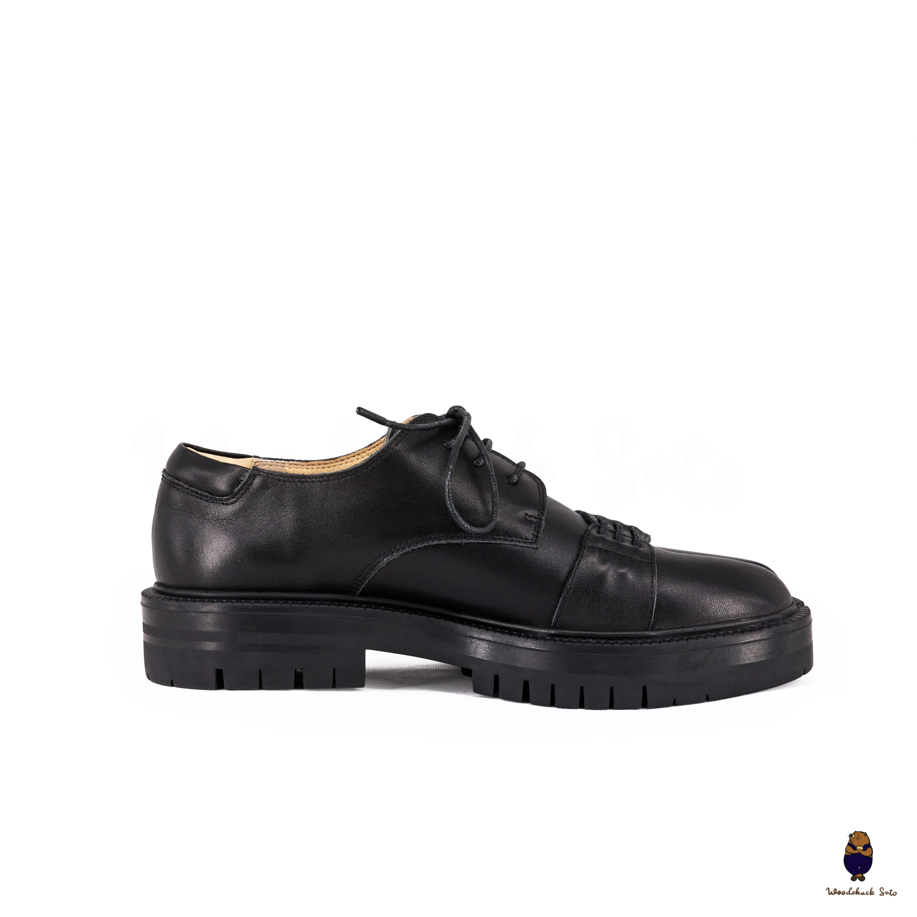 WoodchuckSato Black Cow Leather Tabi Derby Shoes with Double-Lace Design & Chunky Sole