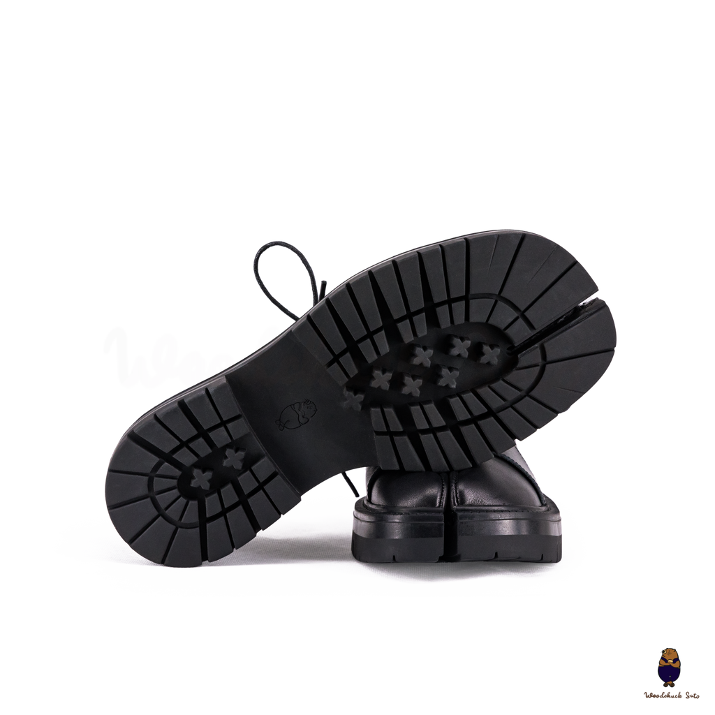 WoodchuckSato Black Cow Leather Tabi Derby Shoes with Double-Lace Design & Chunky Sole