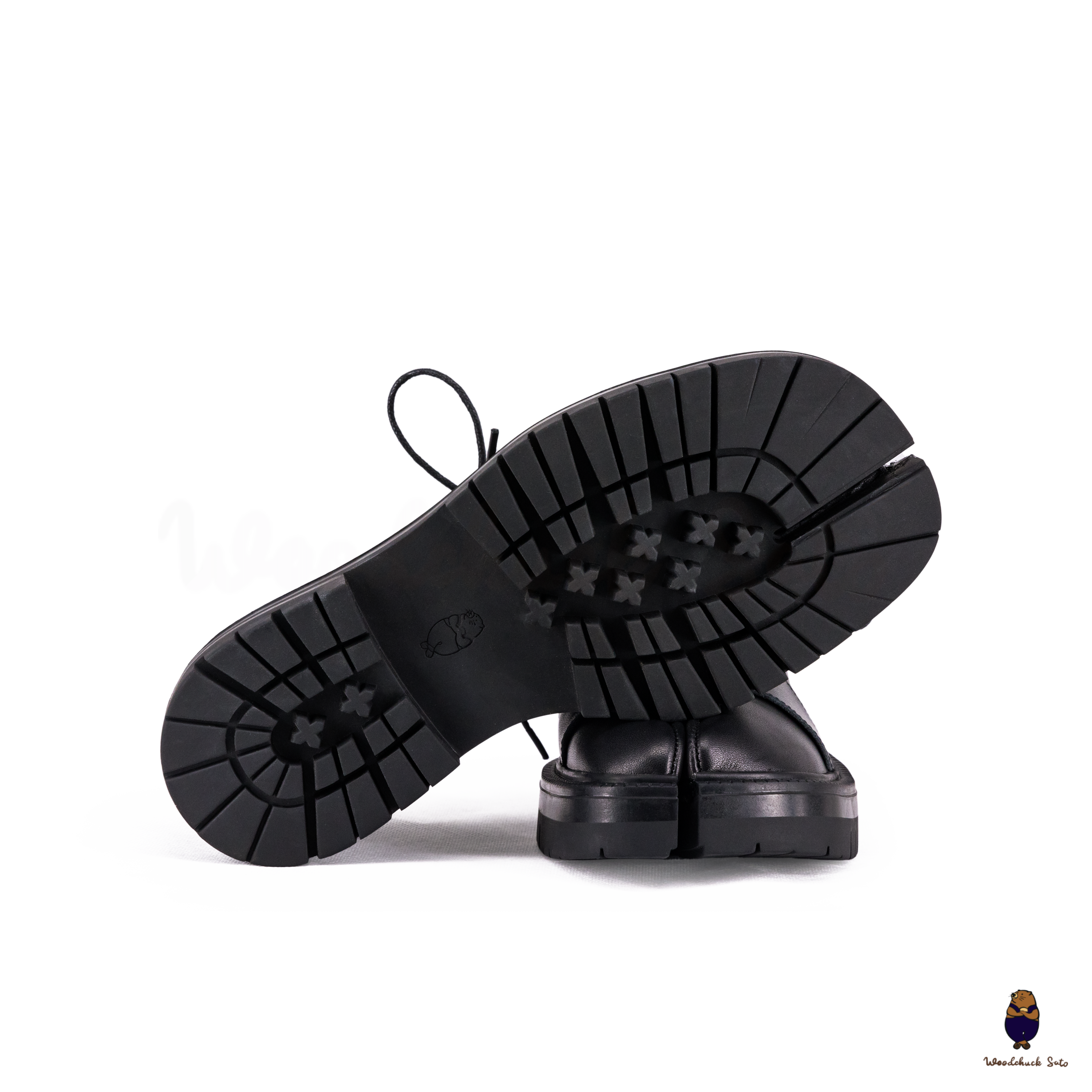 WoodchuckSato Black Cow Leather Tabi Derby Shoes with Double-Lace Design & Chunky Sole