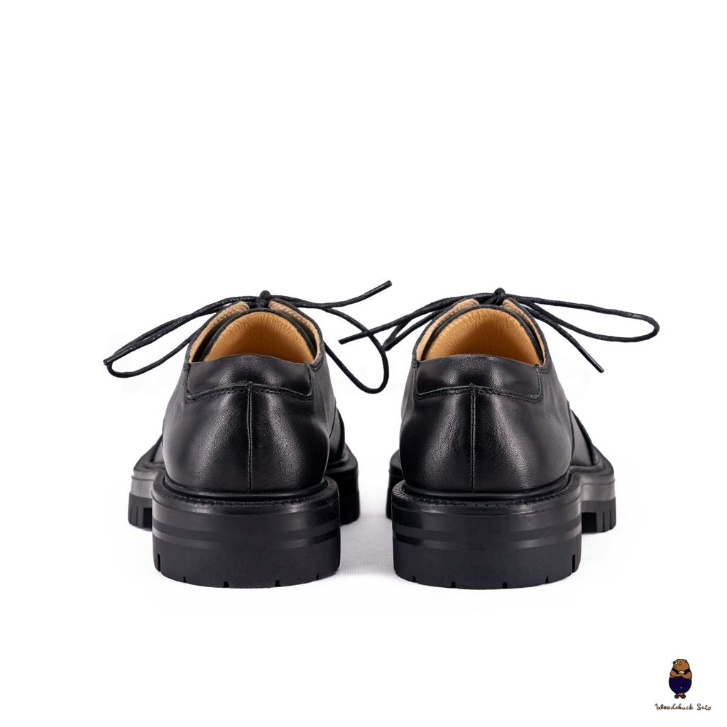 WoodchuckSato Black Cow Leather Tabi Derby Shoes with Double-Lace Design & Chunky Sole