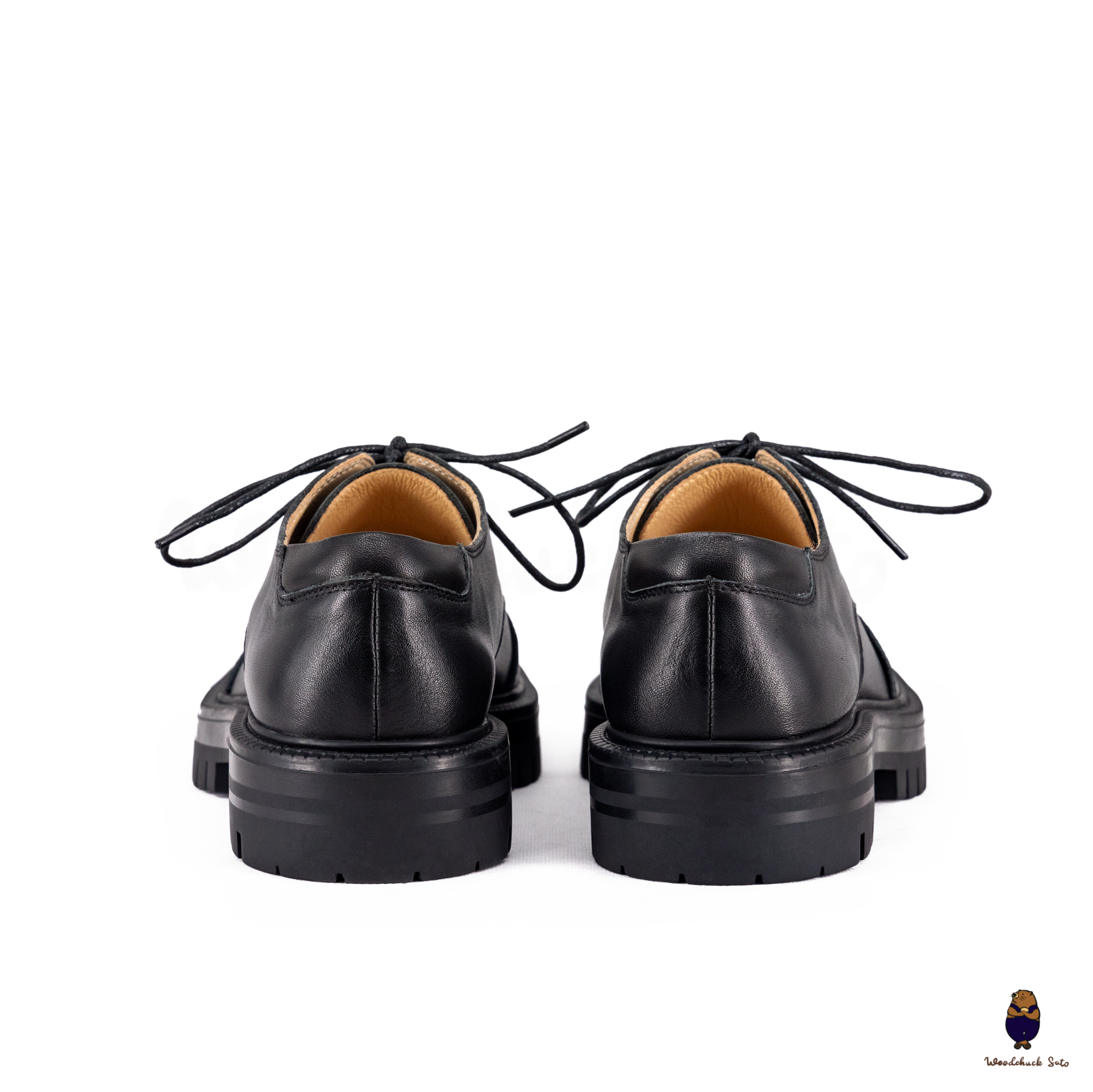 WoodchuckSato Black Cow Leather Tabi Derby Shoes with Double-Lace Design & Chunky Sole