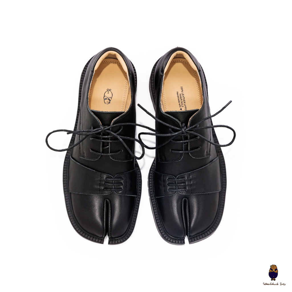 WoodchuckSato Black Cow Leather Tabi Derby Shoes with Double-Lace Design & Chunky Sole