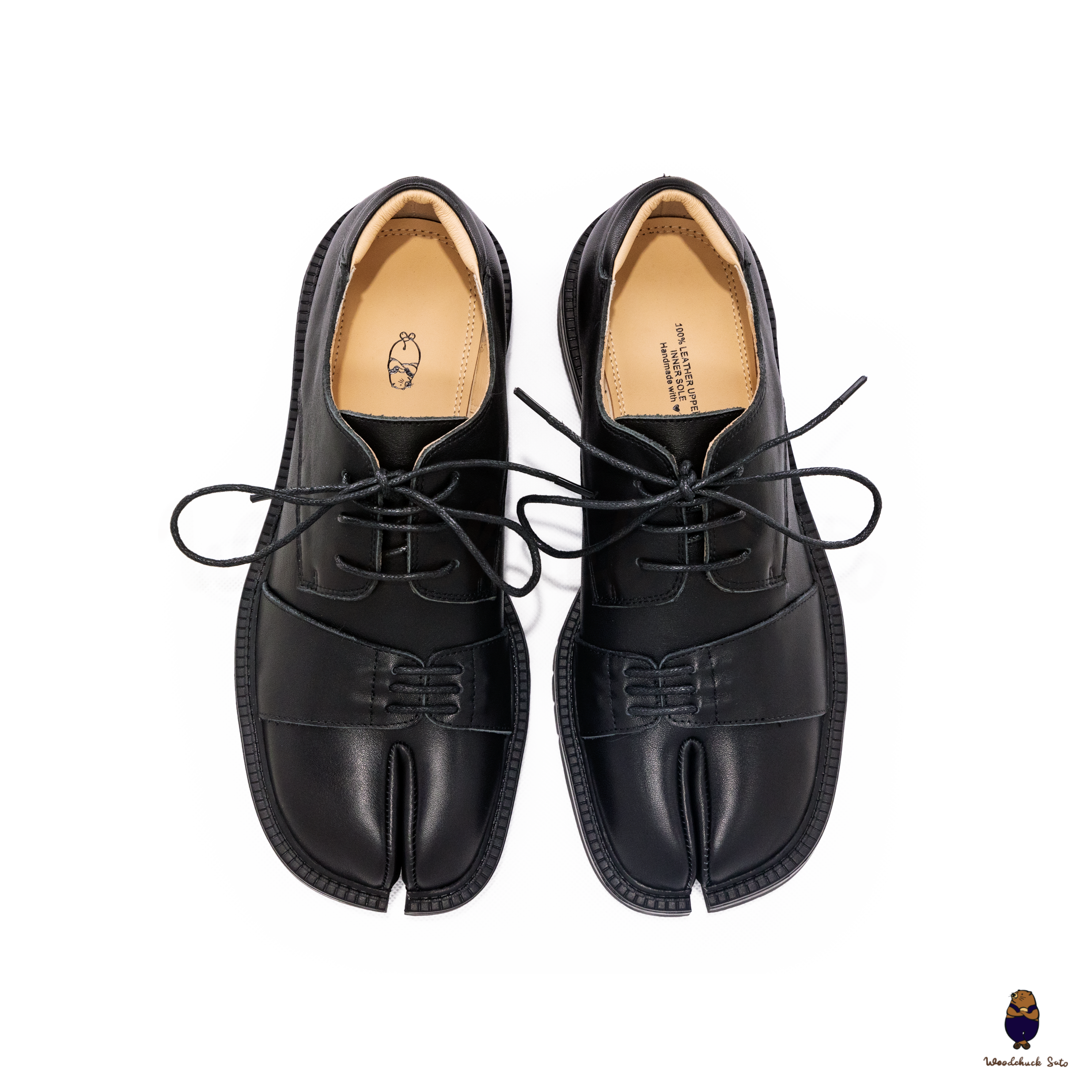 WoodchuckSato Black Cow Leather Tabi Derby Shoes with Double-Lace Design & Chunky Sole