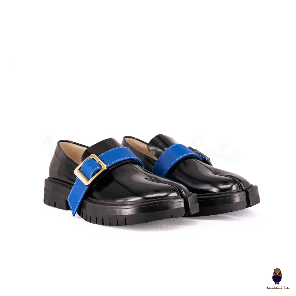 WoodchuckSato Black Edge-Beaded Cowhide Leather Tabi Loafers with Removable Blue Strap & Chunky Sole