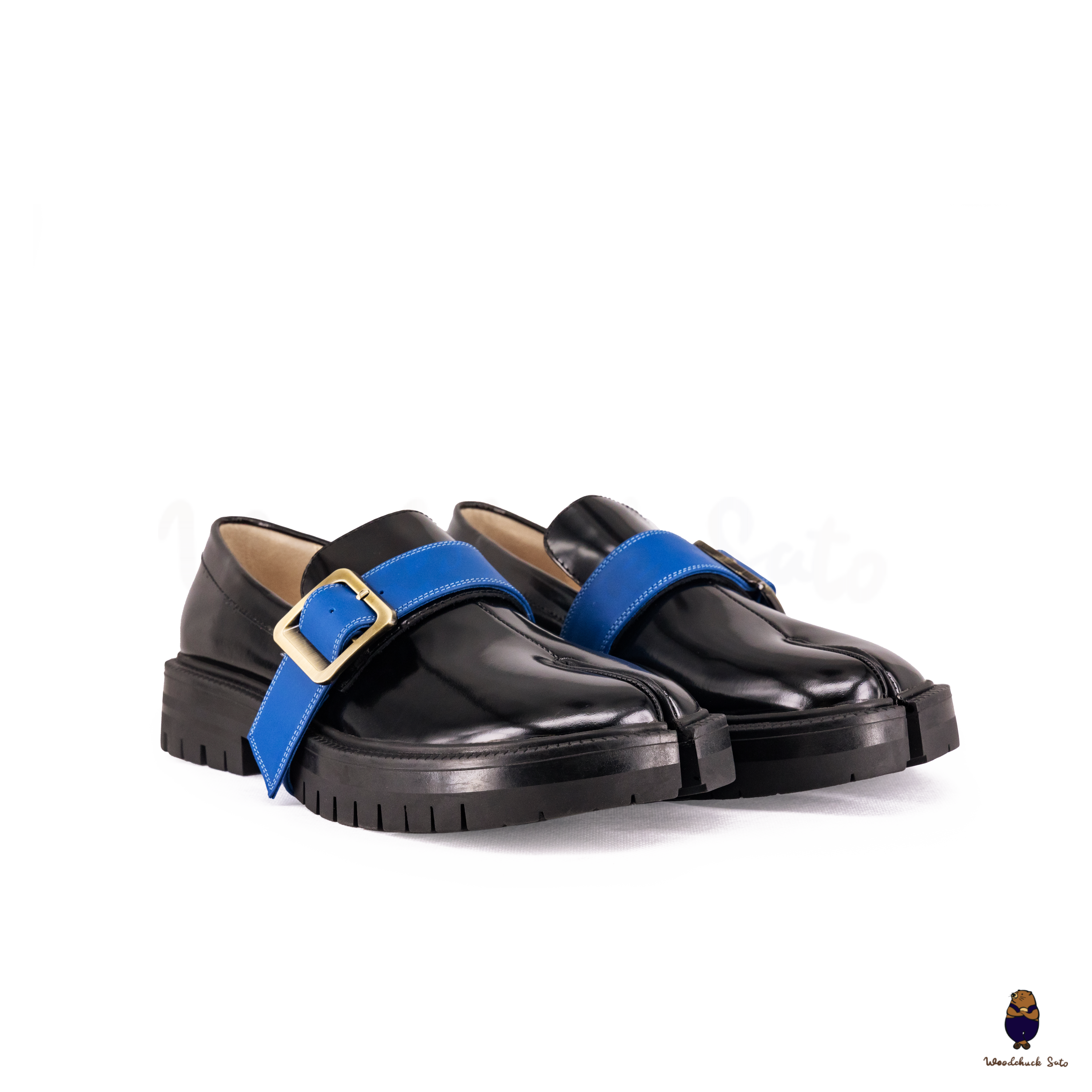 WoodchuckSato Black Edge-Beaded Cowhide Leather Tabi Loafers with Removable Blue Strap & Chunky Sole