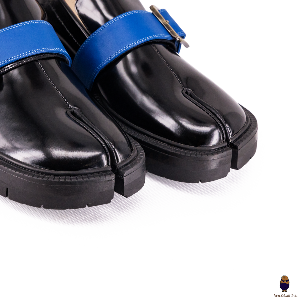 WoodchuckSato Black Edge-Beaded Cowhide Leather Tabi Loafers with Removable Blue Strap & Chunky Sole