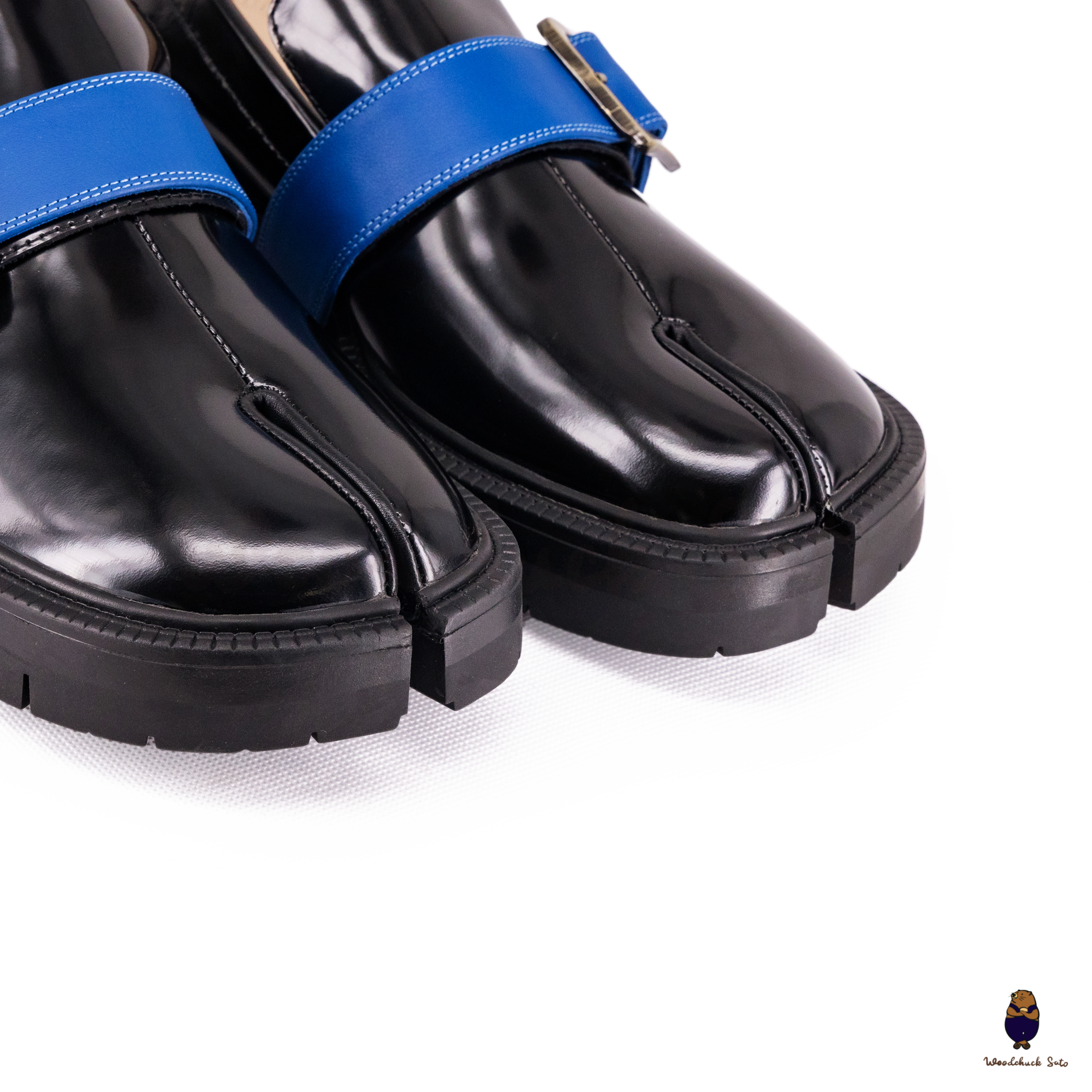 WoodchuckSato Black Edge-Beaded Cowhide Leather Tabi Loafers with Removable Blue Strap & Chunky Sole