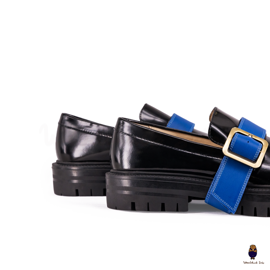 WoodchuckSato Black Edge-Beaded Cowhide Leather Tabi Loafers with Removable Blue Strap & Chunky Sole
