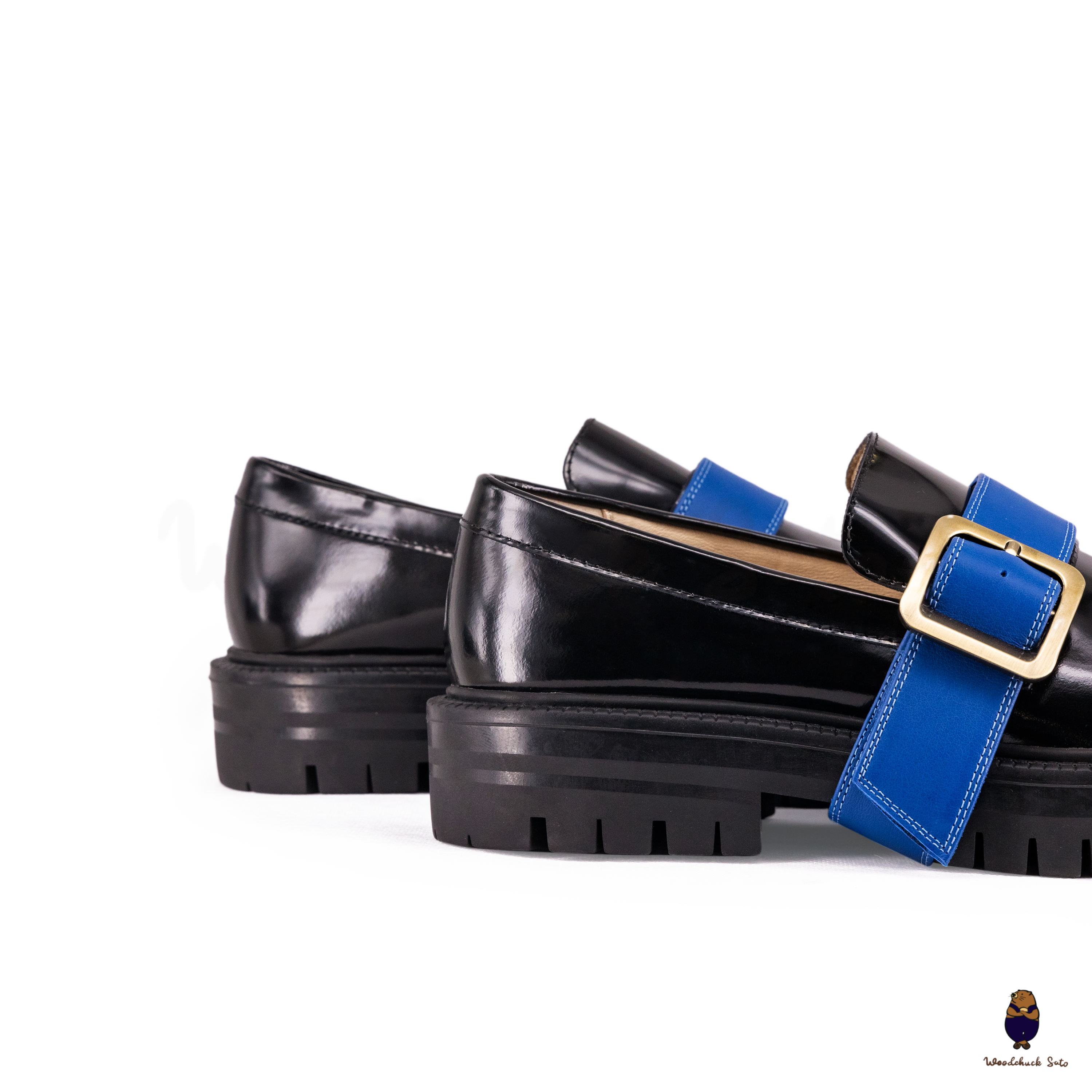 WoodchuckSato Black Edge-Beaded Cowhide Leather Tabi Loafers with Removable Blue Strap & Chunky Sole