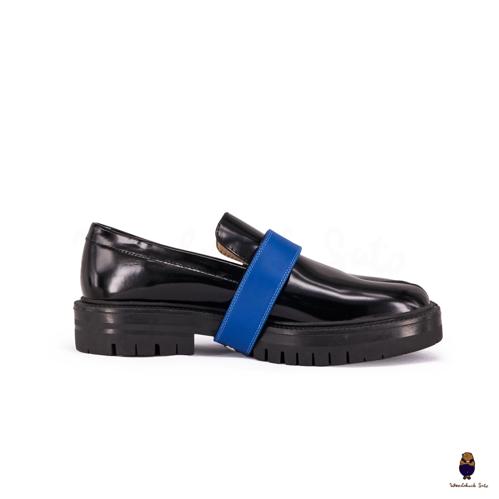 WoodchuckSato Black Edge-Beaded Cowhide Leather Tabi Loafers with Removable Blue Strap & Chunky Sole