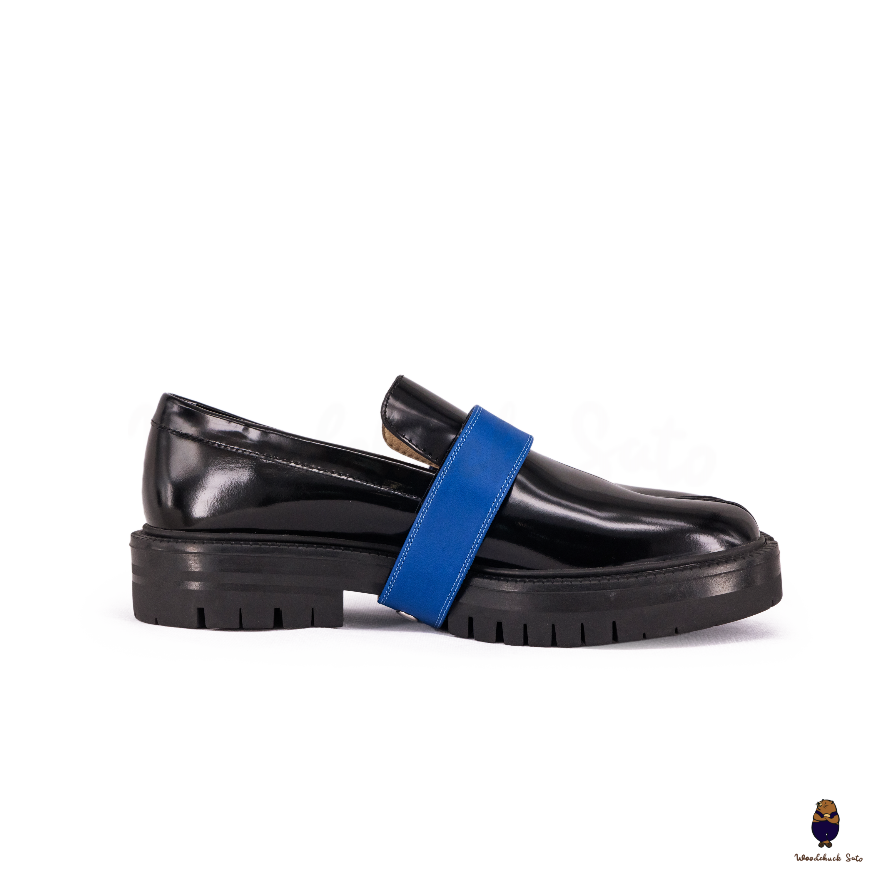 WoodchuckSato Black Edge-Beaded Cowhide Leather Tabi Loafers with Removable Blue Strap & Chunky Sole