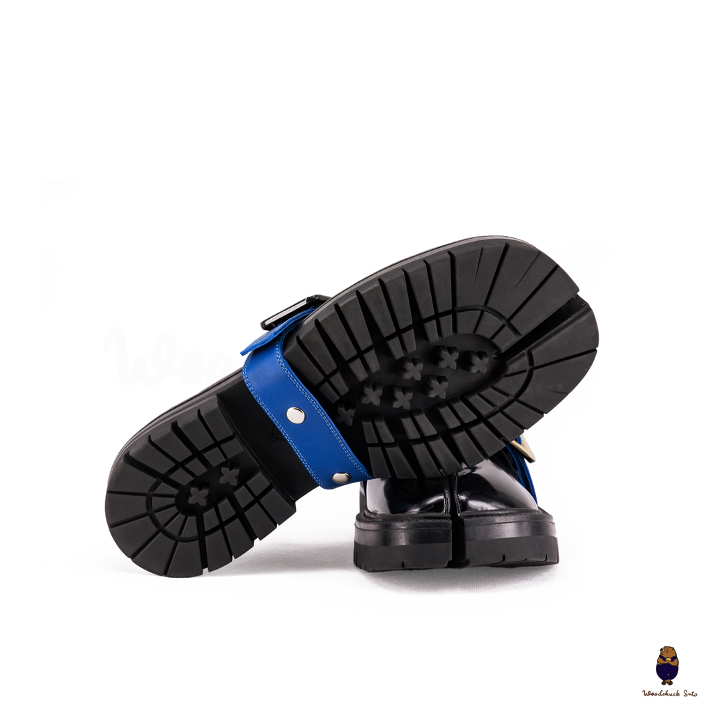 WoodchuckSato Black Edge-Beaded Cowhide Leather Tabi Loafers with Removable Blue Strap & Chunky Sole