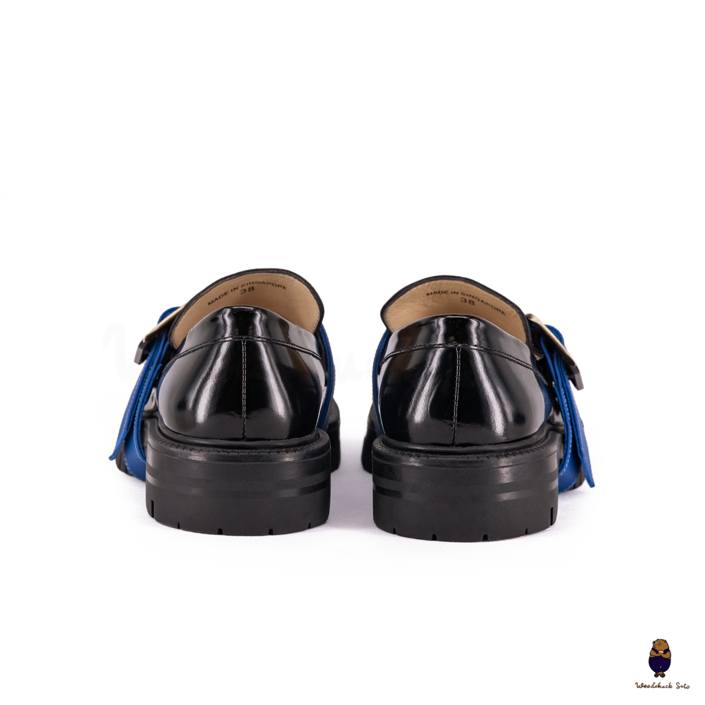WoodchuckSato Black Edge-Beaded Cowhide Leather Tabi Loafers with Removable Blue Strap & Chunky Sole