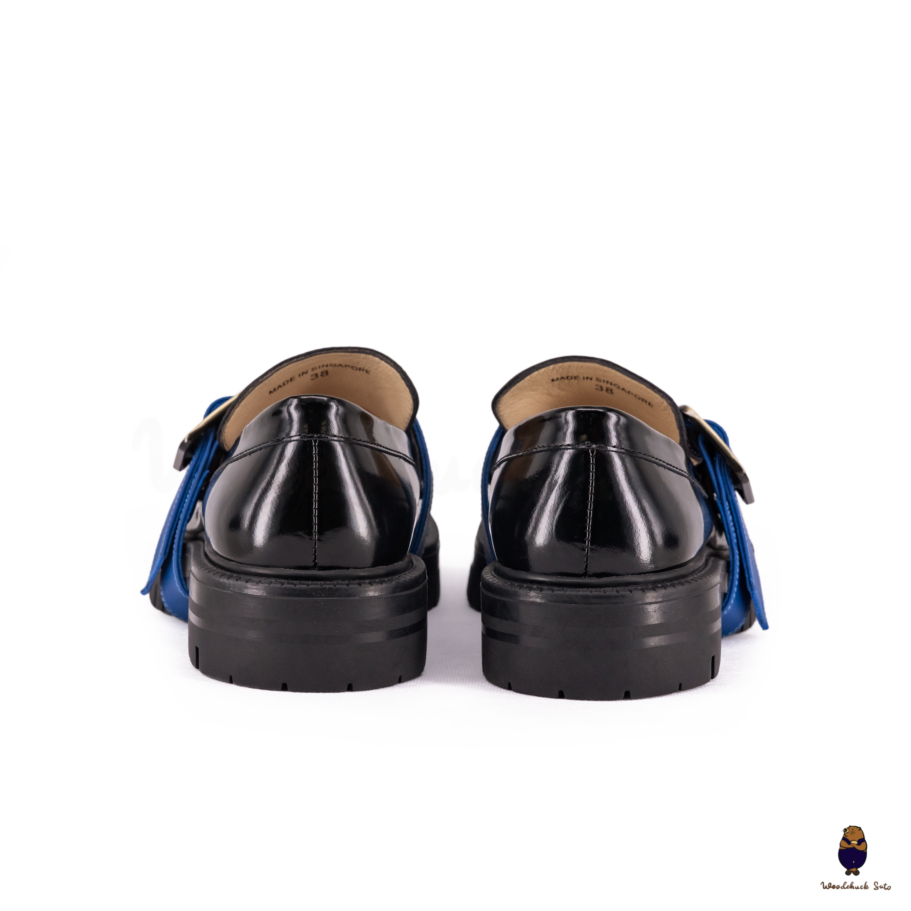 WoodchuckSato Black Edge-Beaded Cowhide Leather Tabi Loafers with Removable Blue Strap & Chunky Sole