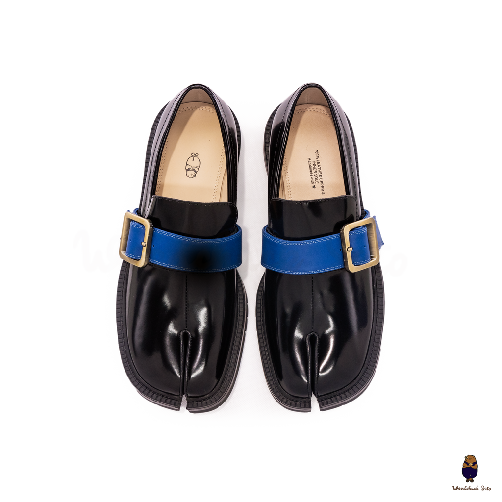 WoodchuckSato Black Edge-Beaded Cowhide Leather Tabi Loafers with Removable Blue Strap & Chunky Sole