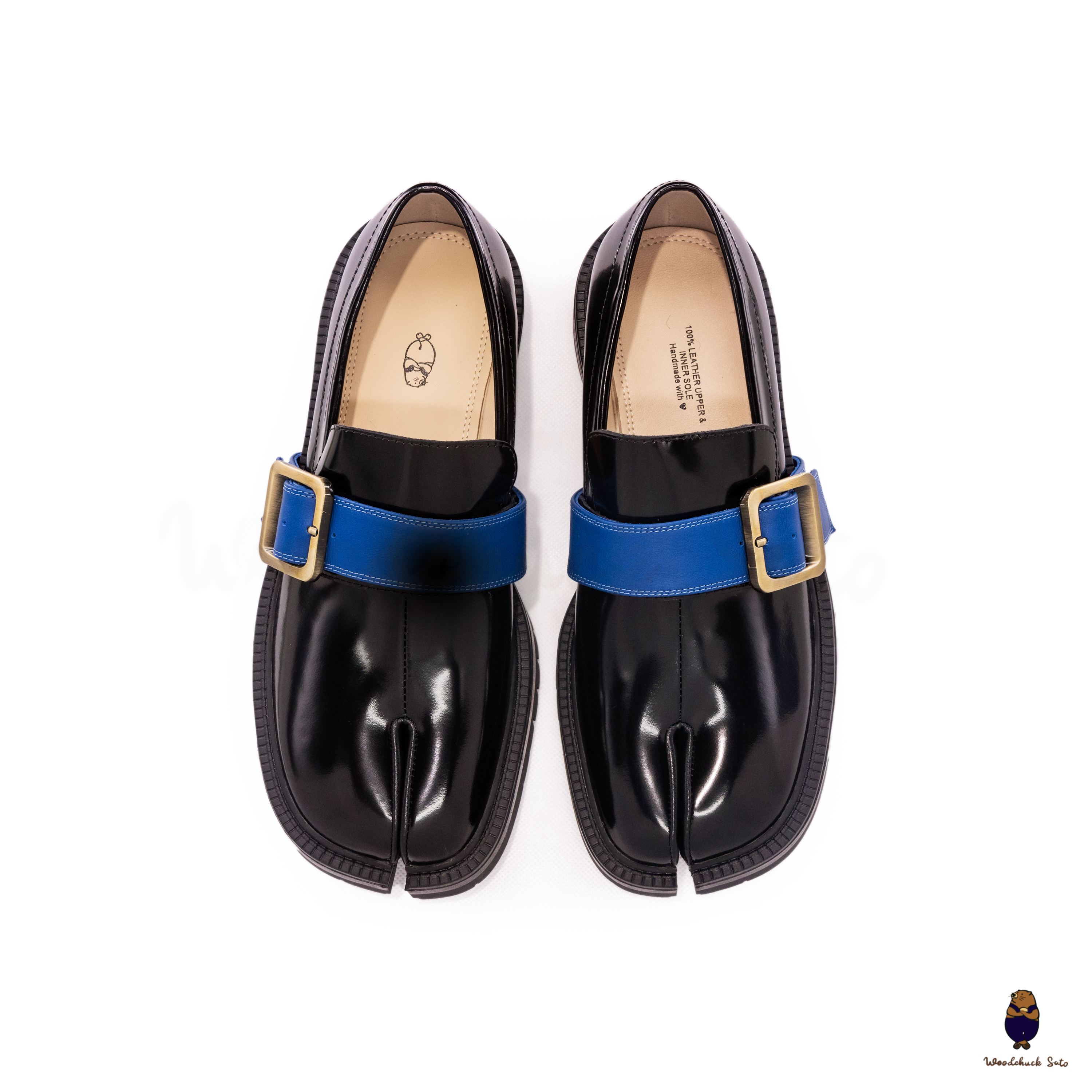 WoodchuckSato Black Edge-Beaded Cowhide Leather Tabi Loafers with Removable Blue Strap & Chunky Sole