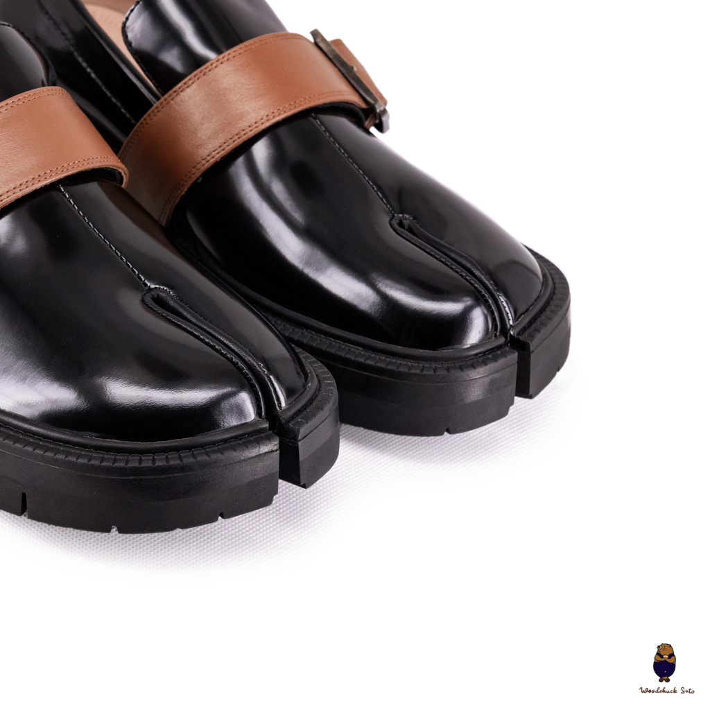 WoodchuckSato Black Edge-Beaded Cowhide Leather Tabi Loafers with Removable Camel Brown Strap & Chunky Sole