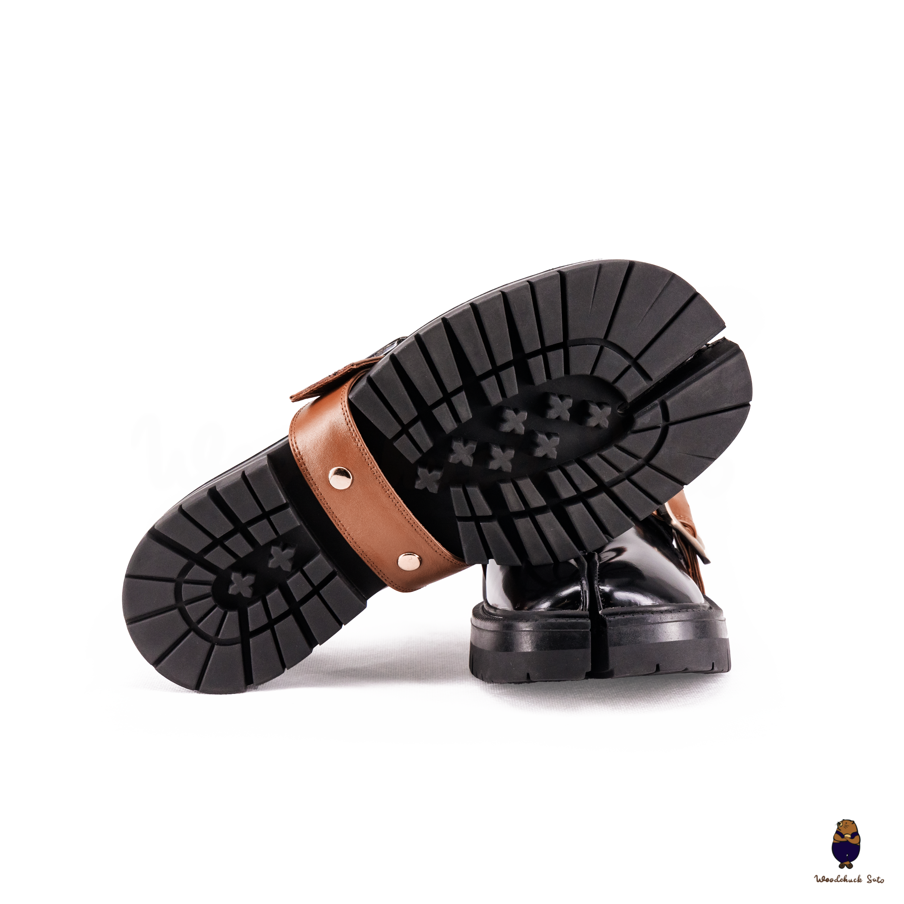 WoodchuckSato Black Edge-Beaded Cowhide Leather Tabi Loafers with Removable Camel Brown Strap & Chunky Sole